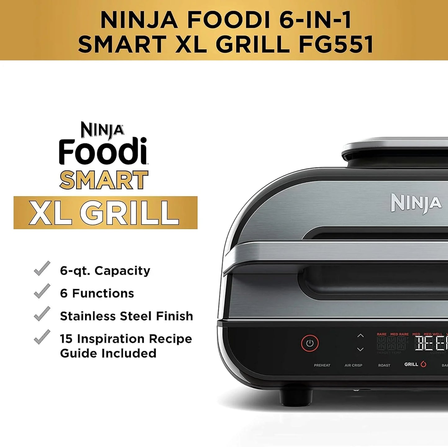 Ninja Foodi Smart XL 6-in-1 Indoor Grill with Air Fry, Bake, Roast, Broil, and Dehydrate, Smart Thermometer
