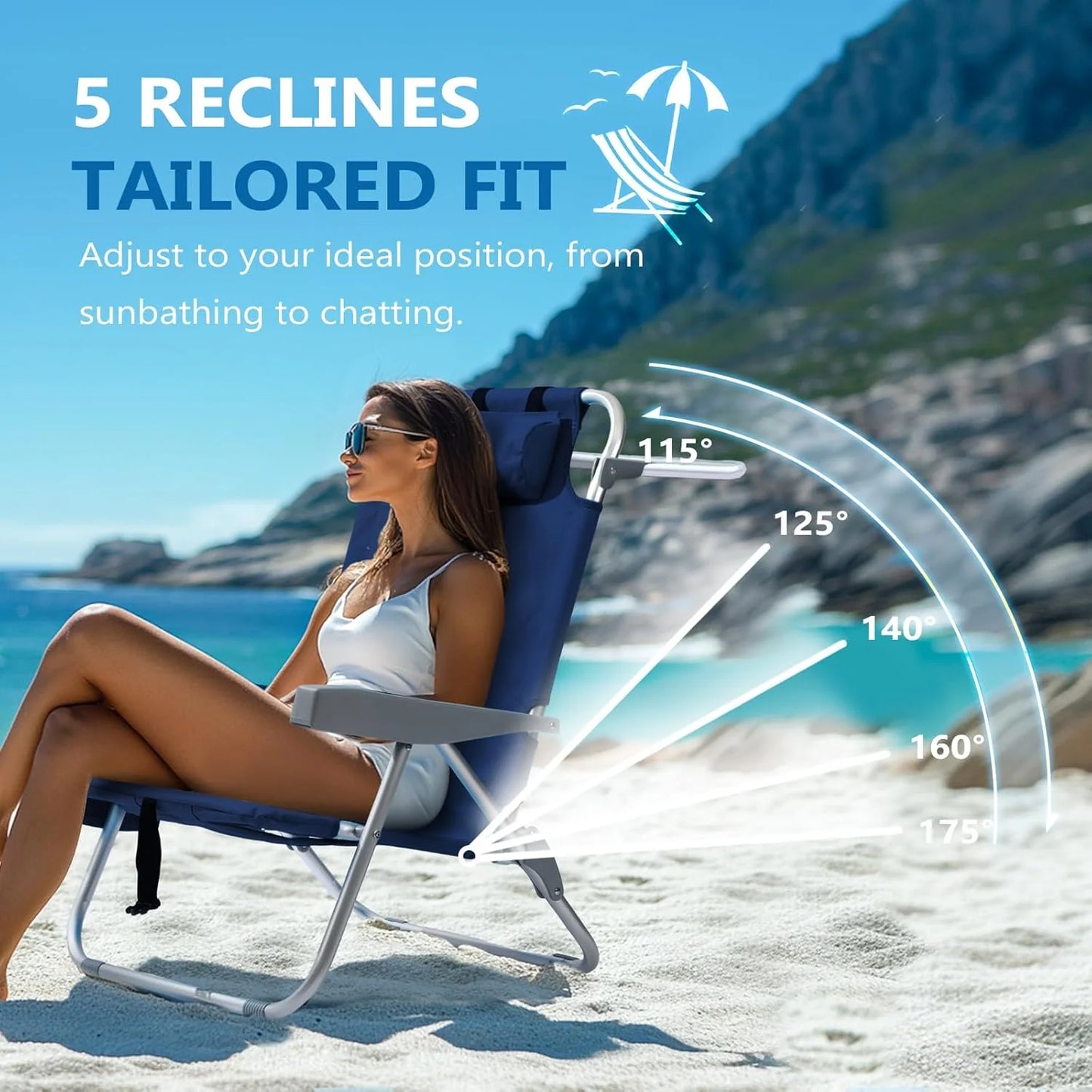 5-Position Aluminum Lay Flat Tall Backpack Beach Chairs 2 Pack Compact Portable Beach Chairs for Adults with Cooler Pouch, Storage Pouch, Towel Bar, Cup Holder & Phone Holder, Blue Stripe