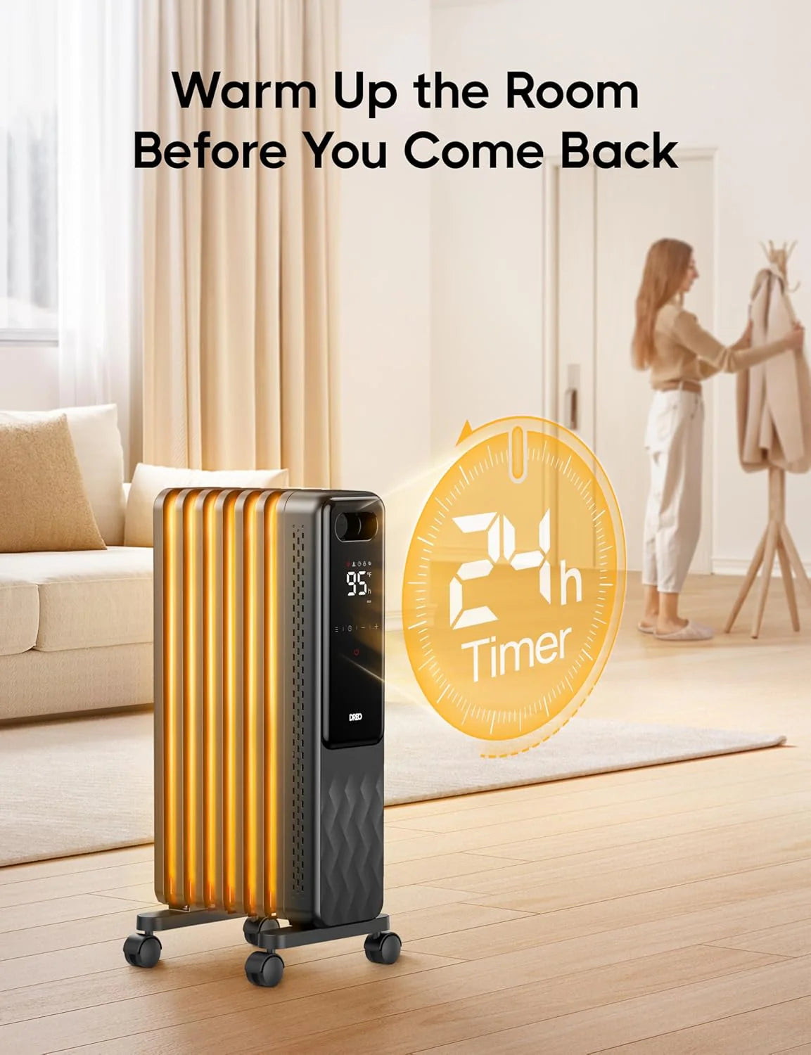 Indoor electric radiant heater with overheat and tip-over protection, digital thermostat, oil-filled radiator