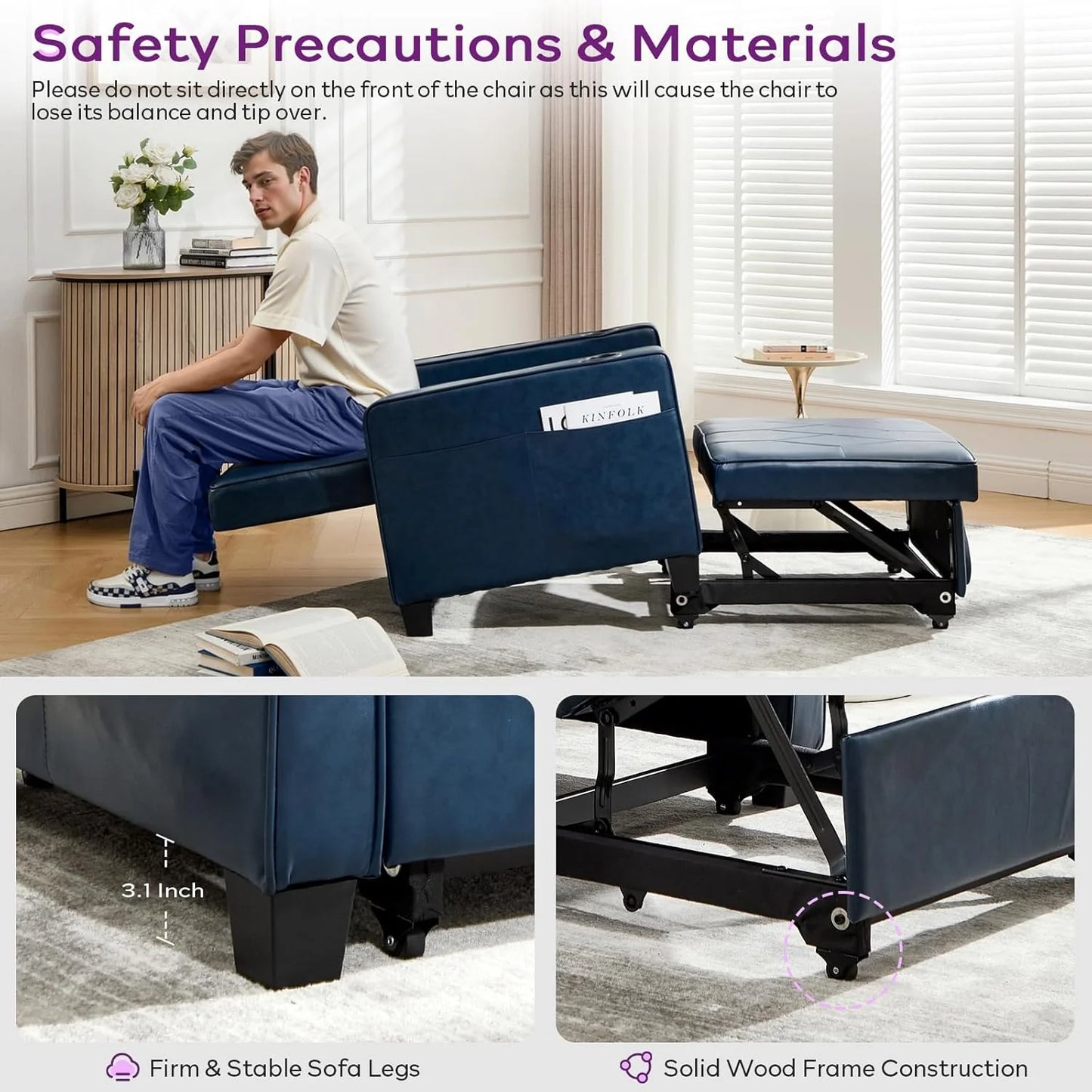 Adult Convertible Sleeper Chair Bed, 3-in-1 Pull-Out Sofa Bed with USB/Type-C Ports, Cup Holders, Side Pockets, Single Sofa