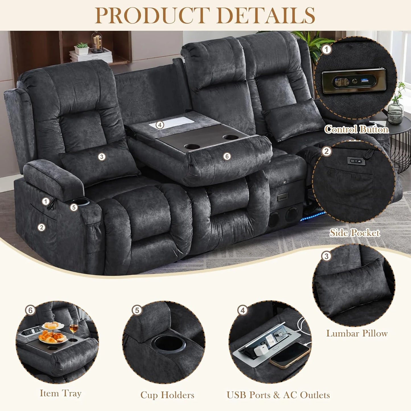TUNYI Power Loveseat Recliner Sofa with Massage & Heat Home Theater Seating with Console Electric Recliner RV Sofa with USB/Outlet/Storage/Side Pocket/LED Light/Speaker (Brown, Loveseat)