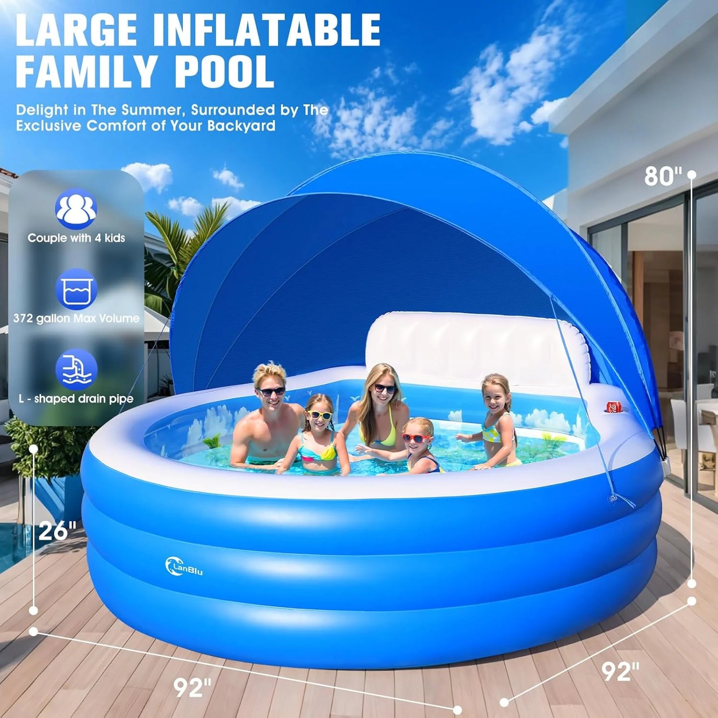 2025 Upgraded Inflatable Pool with Canopy, Inflatable Family Lounge Pool, Round Blow Up Pool for Adult with Bench & Backrest, Swim Center Easy Backyard Pools for Kids & Adults, 92"x92"x26", Blue