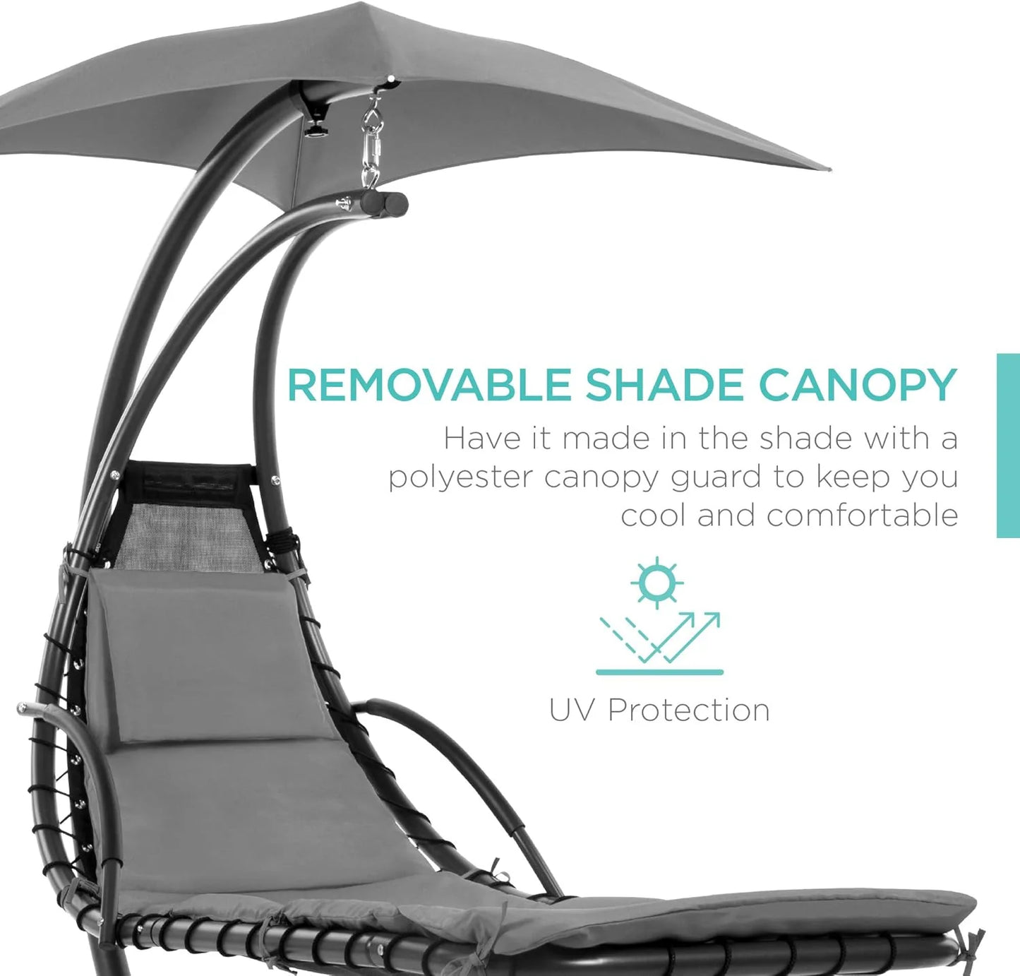 Best Choice Products Outdoor Hanging Curved Steel Chaise Lounge Chair Swing w/Built-in Pillow and Removable Canopy - Charcoal Gray
