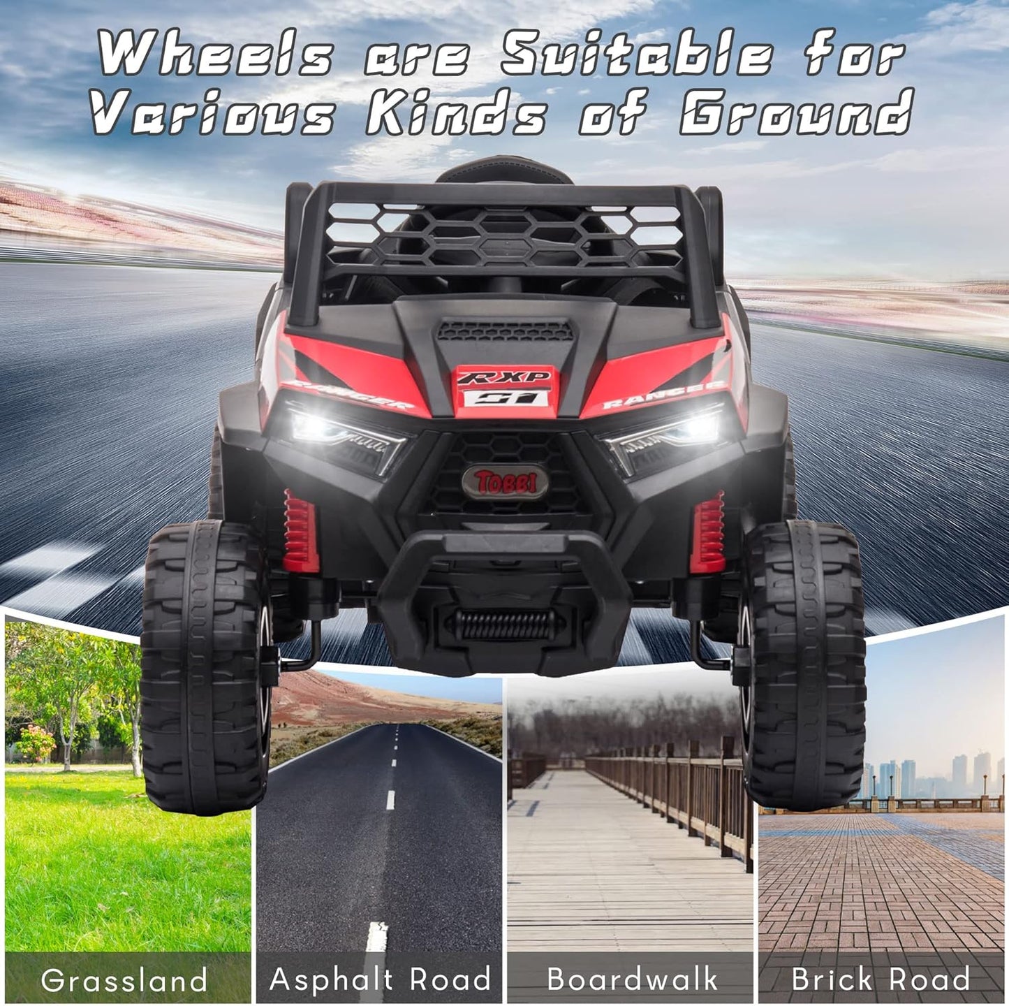 TOBBI 12V Kids Ride on Car, Electric Off-Road UTV Truck with Diverse Functions, Double Open Doors, Safety Belt, Horn, Music, and Lights for Kids Aged 3-5 Years (Rose Red)