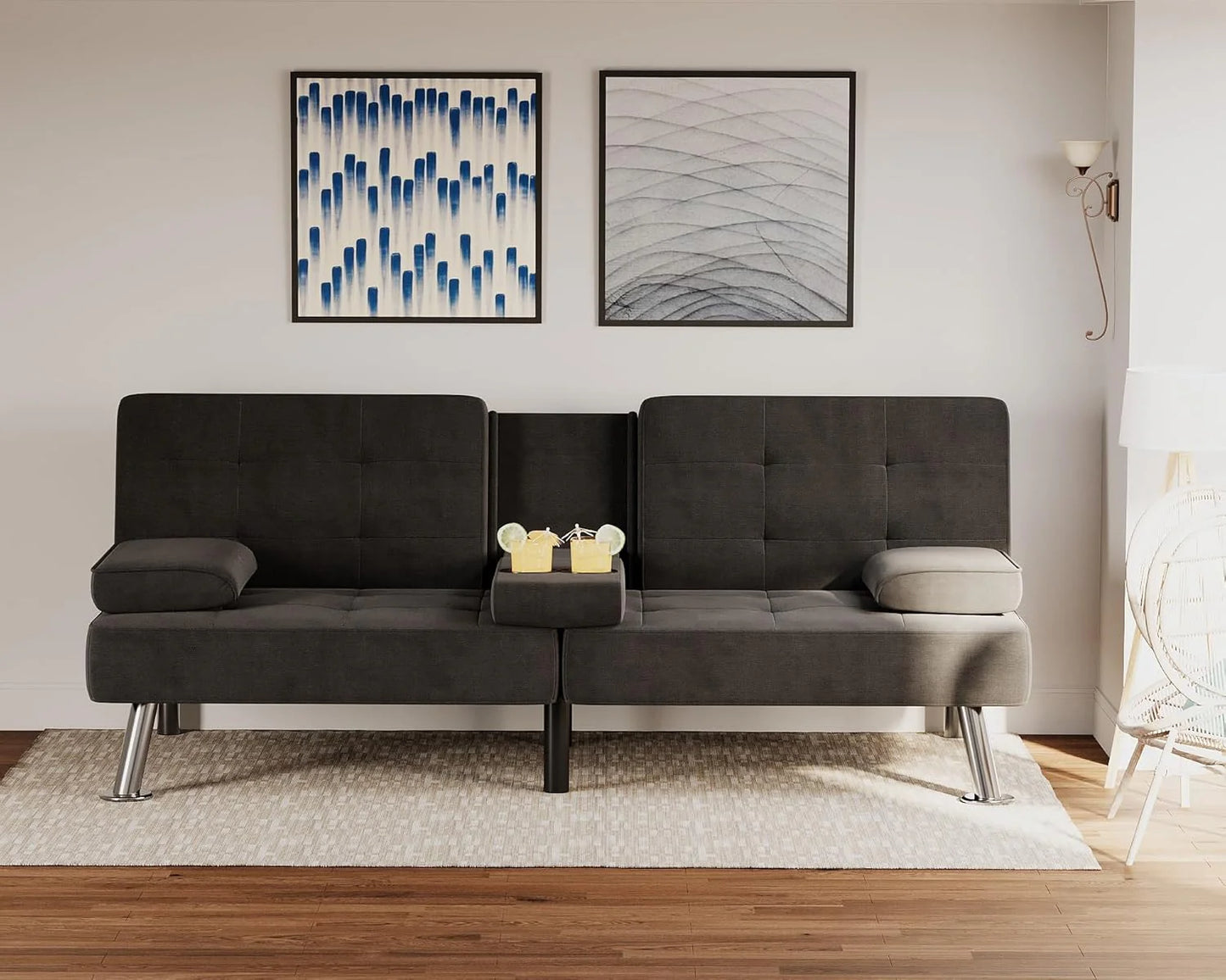 Flamaker Futon Sofa Bed Modern Folding Futon Set Convertible Recliner Lounge for Living Room with 2 Cup Holders, Removable Armrests (PU Leather, Black)