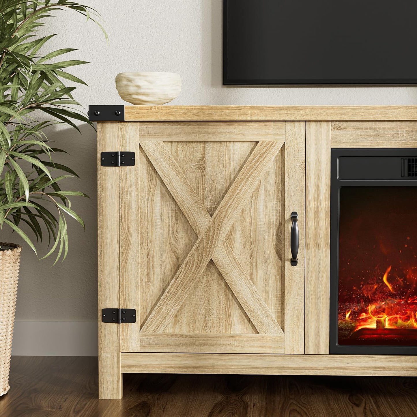 YESHOMY Fireplace TV Stand with Two Barn Doors and Storage Cabinets for Televisions up to 65+ Inch, Entertainment Center Console Table, Media Furniture for Living Room, 58 Inch