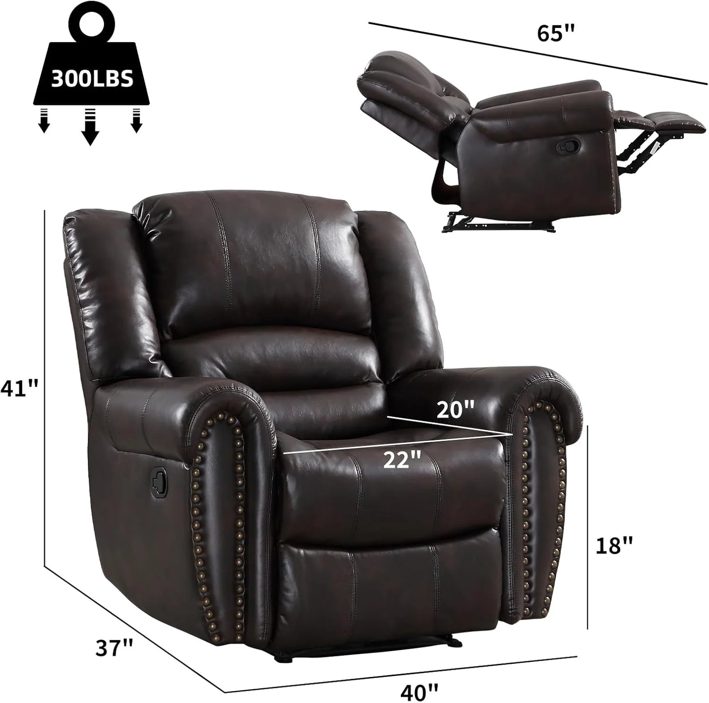 Leather recliner, classic traditional manual recliner, single sofa for living room