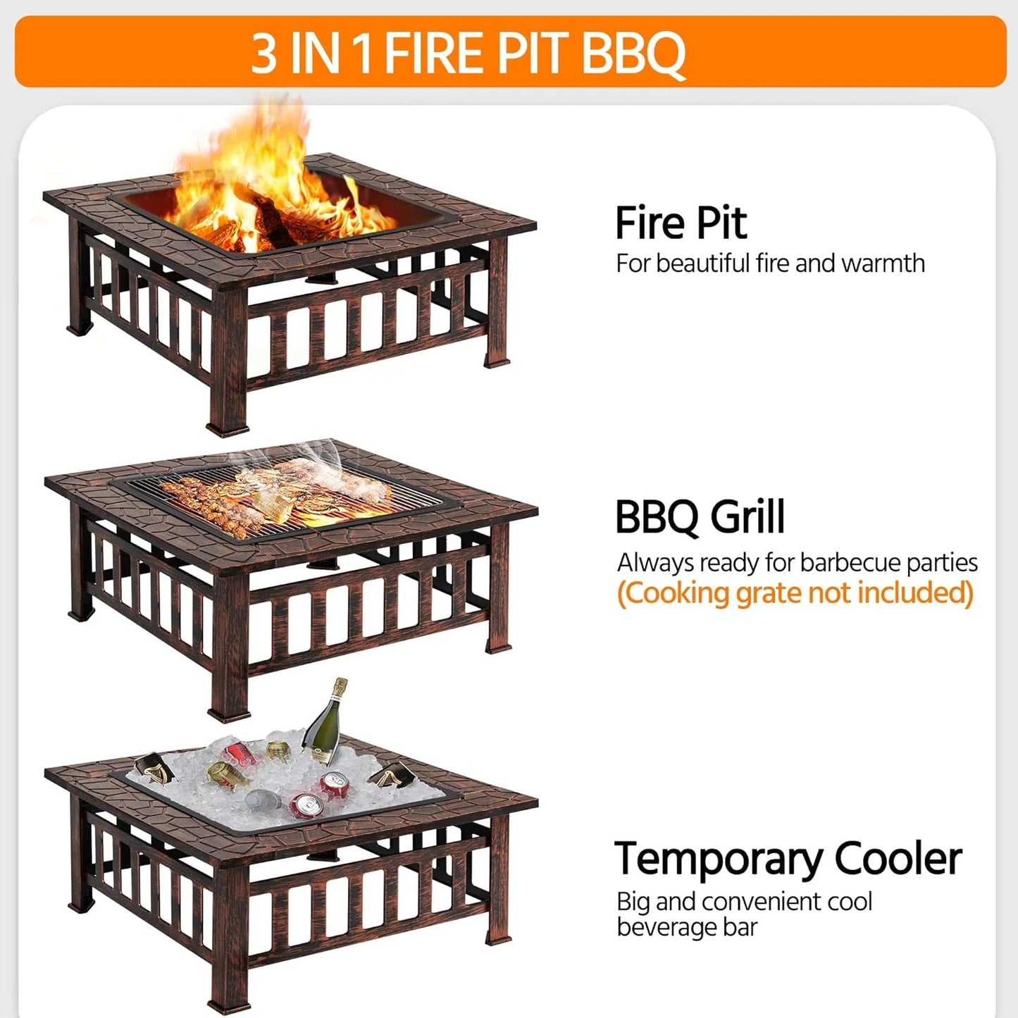 Yaheetech Multifunctional Fire Pit Table 32in Square Metal Firepit Stove Backyard Patio Garden Fireplace for Camping, Outdoor Heating, Bonfire and Picnic