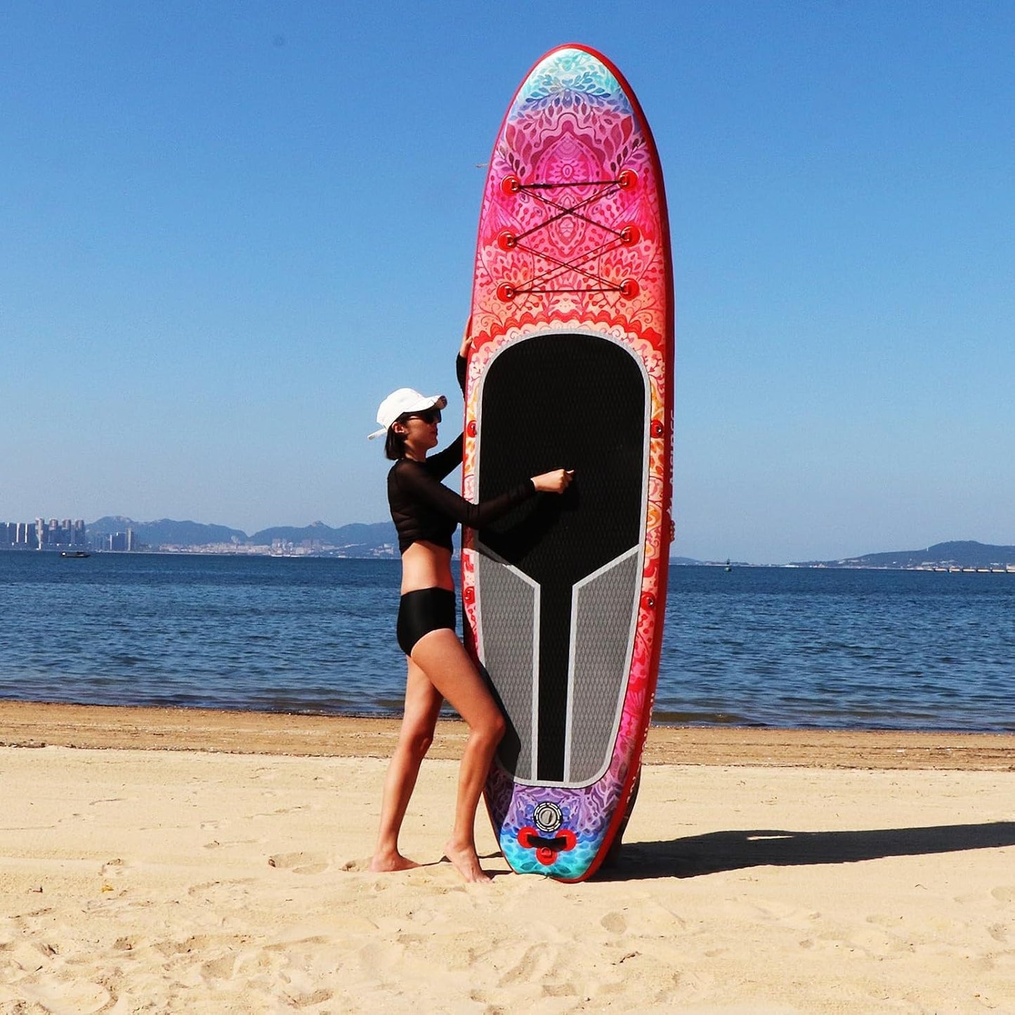 Inflatable wide SUP board with SUP carrying bag, hand pump, 10L waterproof bag and adjustable paddle