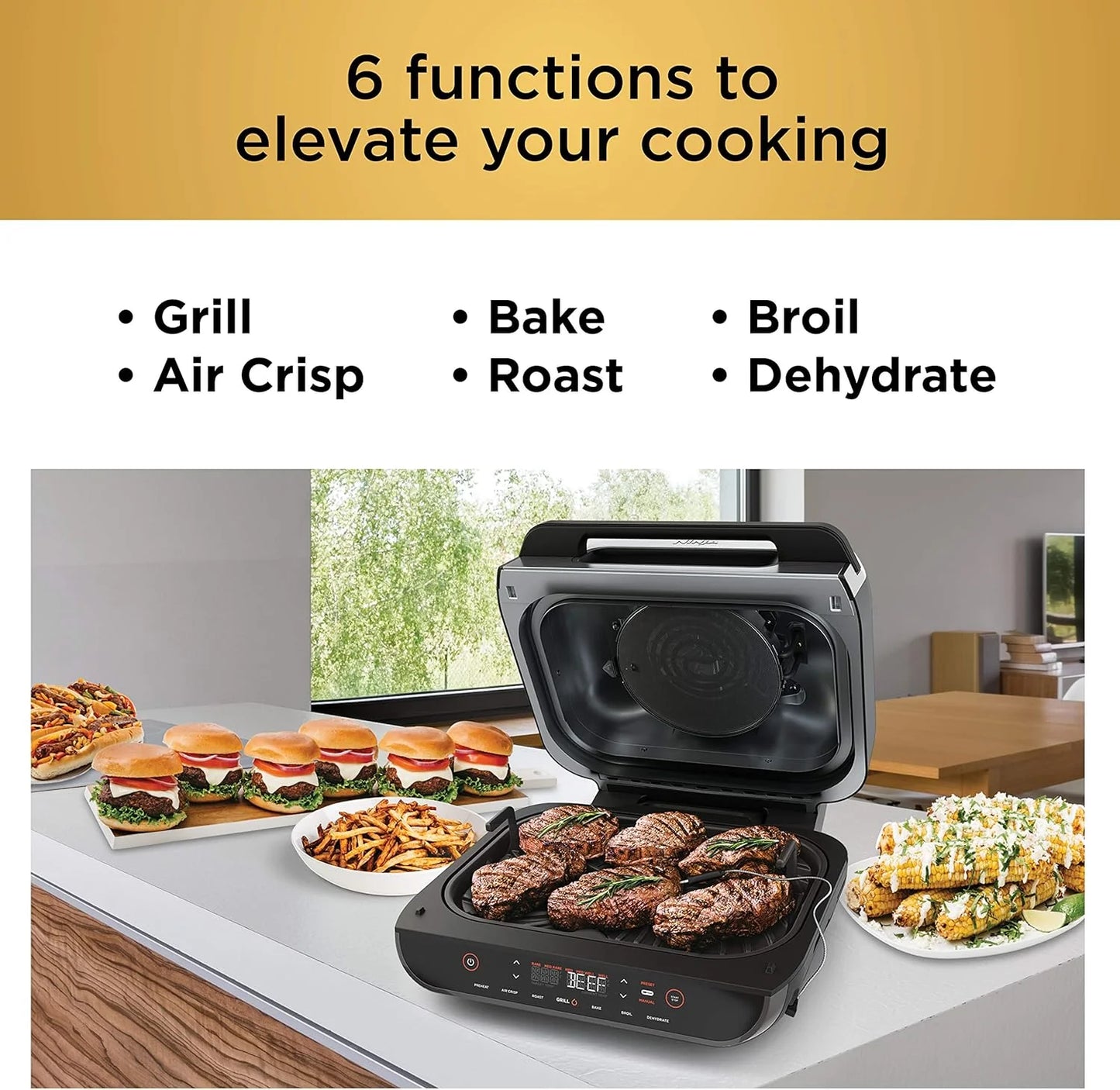 Ninja Foodi Smart XL 6-in-1 Indoor Grill with Air Fry, Bake, Roast, Broil, and Dehydrate, Smart Thermometer