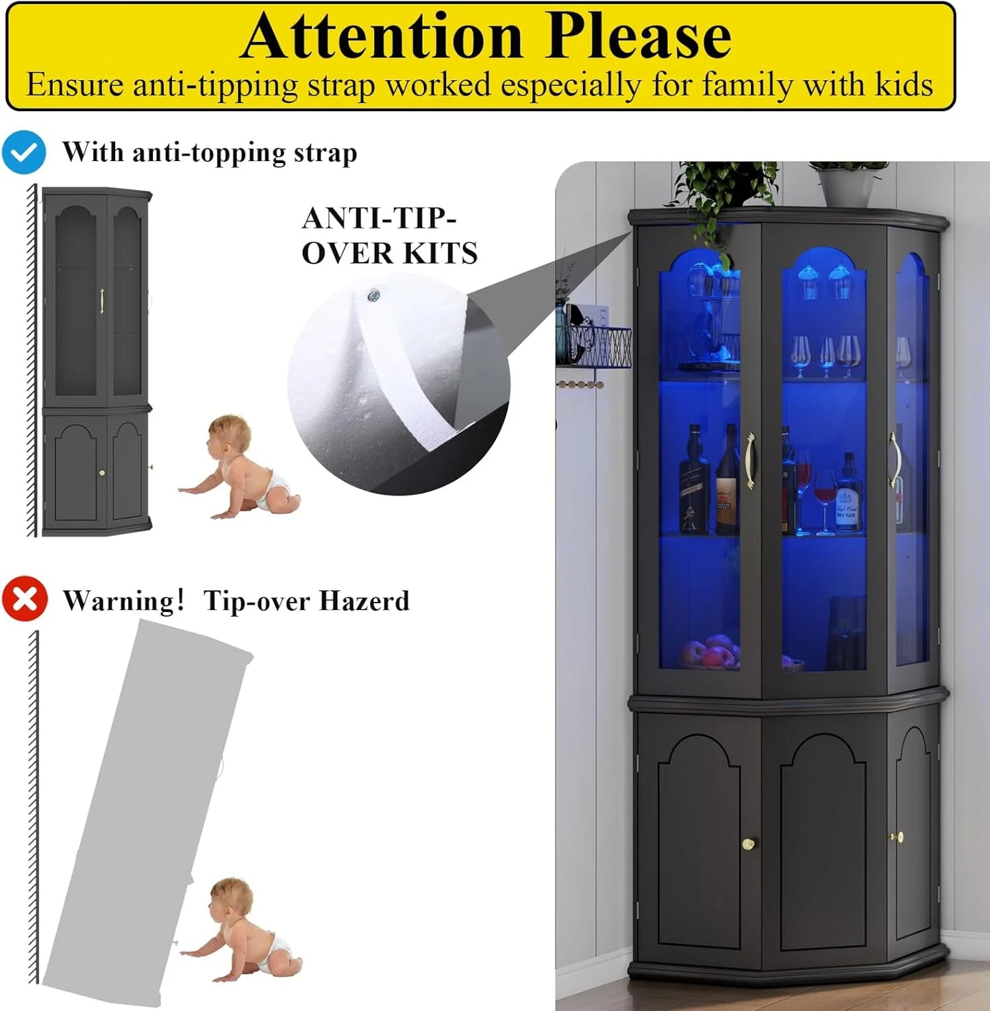 Corner wine cabinet with LED lights, tall modern wine cabinet, home bar wine storage cabinet