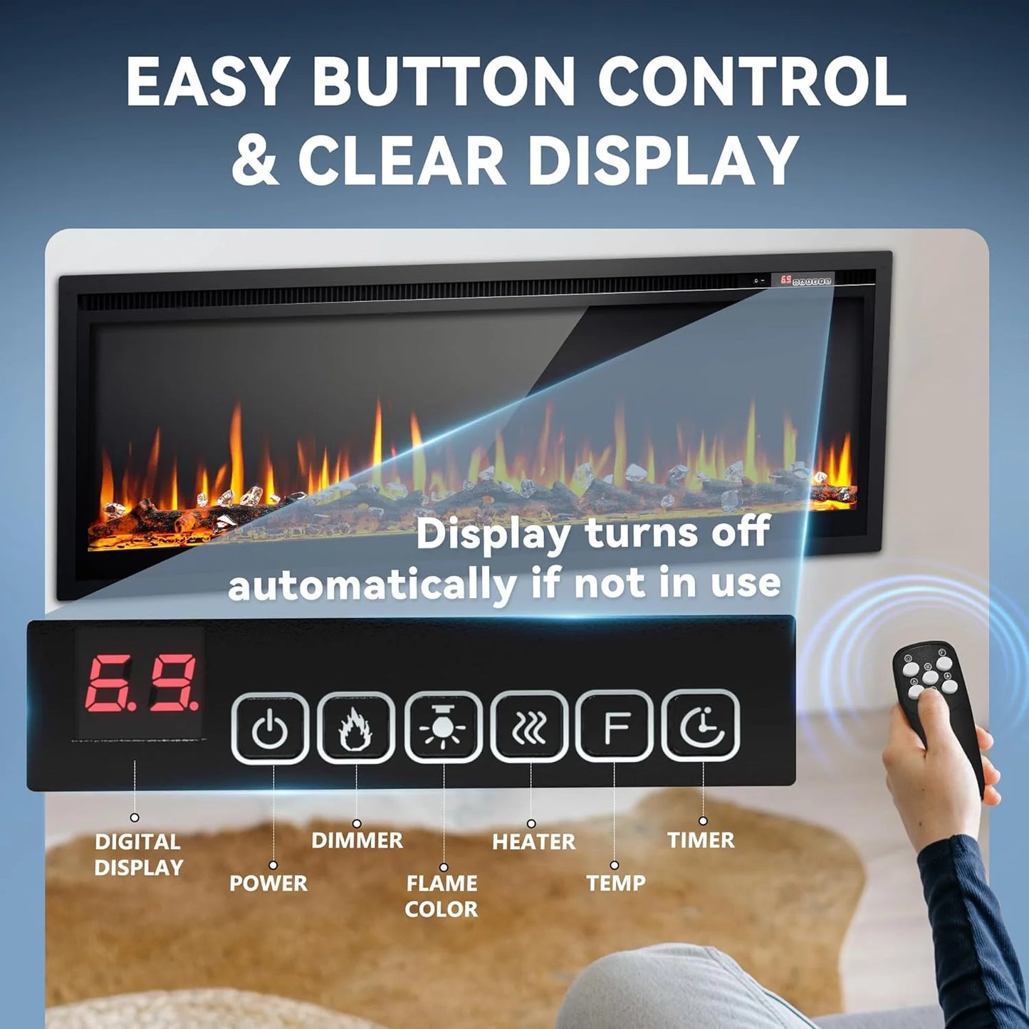 EUHOMY 50 Inch Electric Fireplace Wall Recessed and Wall Mounted with Adjustable Flame Color, Fireplace Heater with Remote Control, Linear Fireplace with Timer, Touch Screen, Log & Crystal, 750/1500W