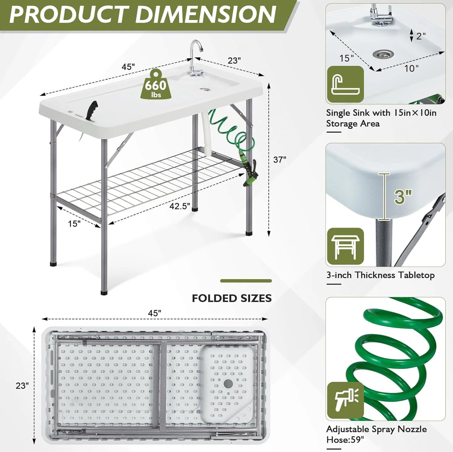 Folding Fish Cleaning Table Portable Camping Sink Table with Faucet Drain Hose and Sprayer Outdoor Fish Fillet Cleaning Station