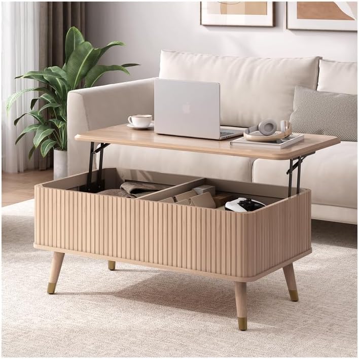Round Coffee Table with Storage,Fluted Center Table with Sliding Cabinet Door for Living Room,Home Small Space,31.5" Small Center Table,Walnut