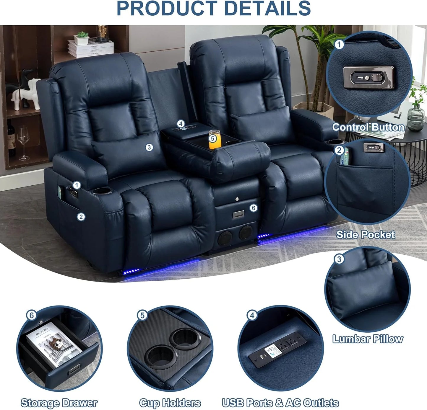 TUNYI Power Loveseat Recliner Sofa with Massage & Heat Home Theater Seating with Console Electric Recliner RV Sofa with USB/Outlet/Storage/Side Pocket/LED Light/Speaker (Brown, Loveseat)