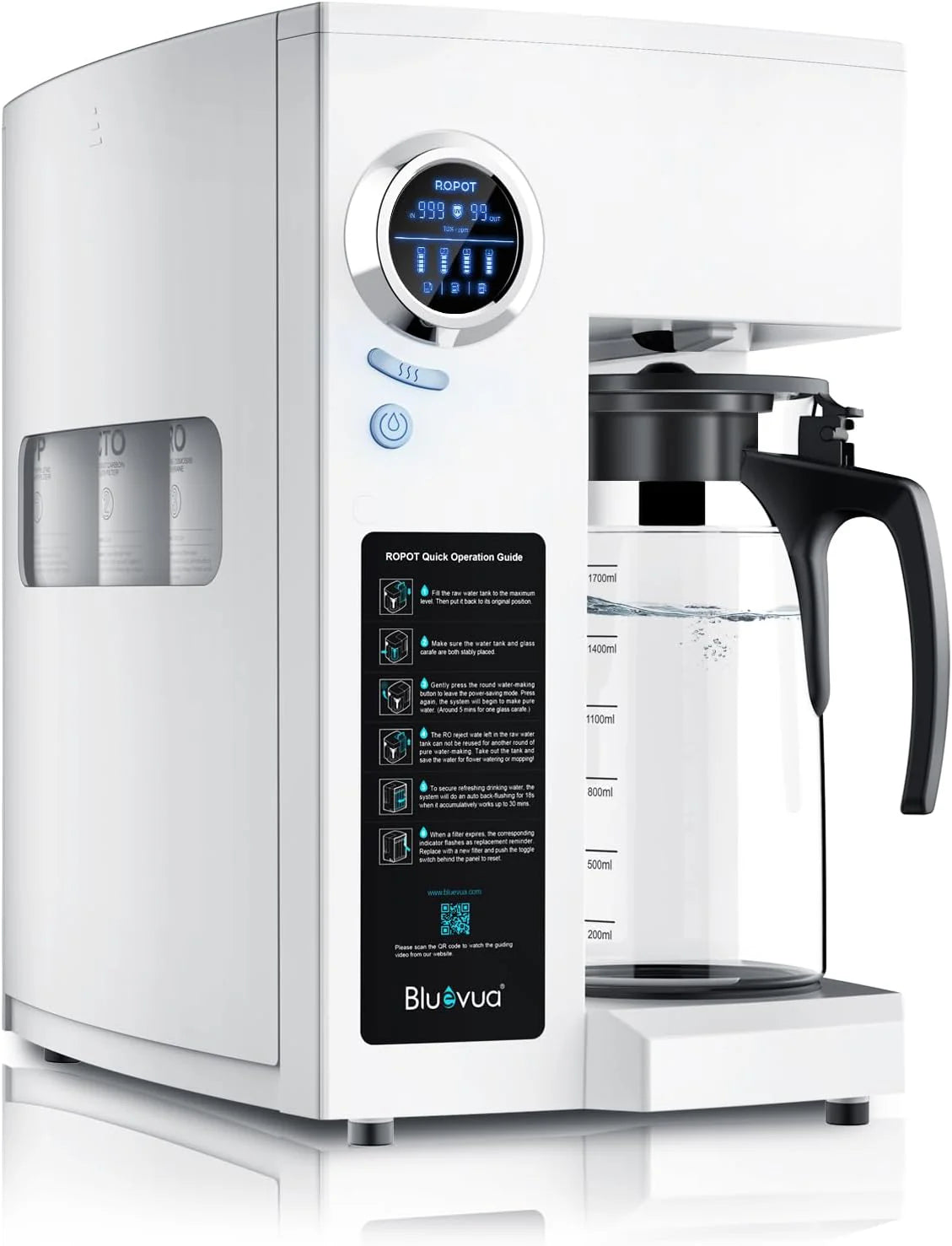 Bluevua RO100ROPOT-UV Reverse Osmosis System Countertop Water Purifier - 6-stage purification with UV and remineralization, reverse osmosis filtration