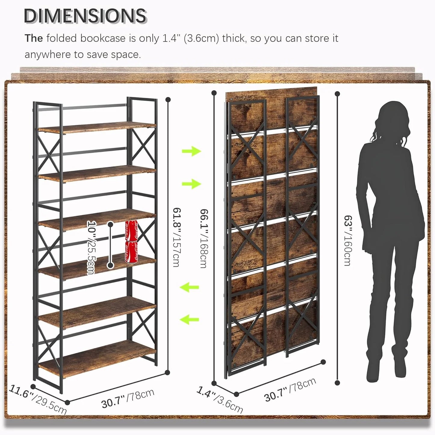 5 Tiers No Assembly Book Shelves 51.2" H Folding Bookshelf Bookcase