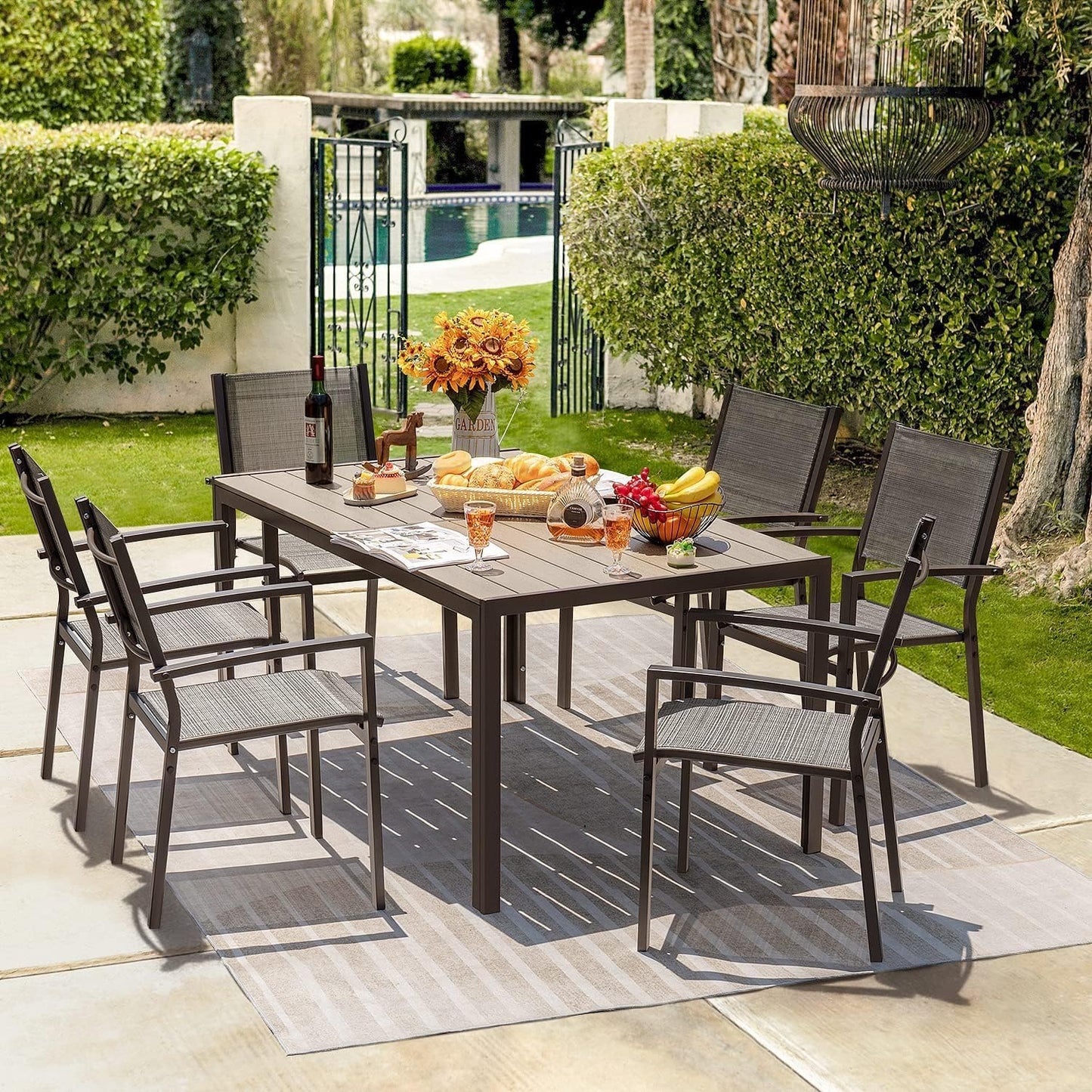 Homall Patio Dining Set 7 Pieces Outdoor Furniture with Large Table and 6 Textilene Chairs for Porch, Brown