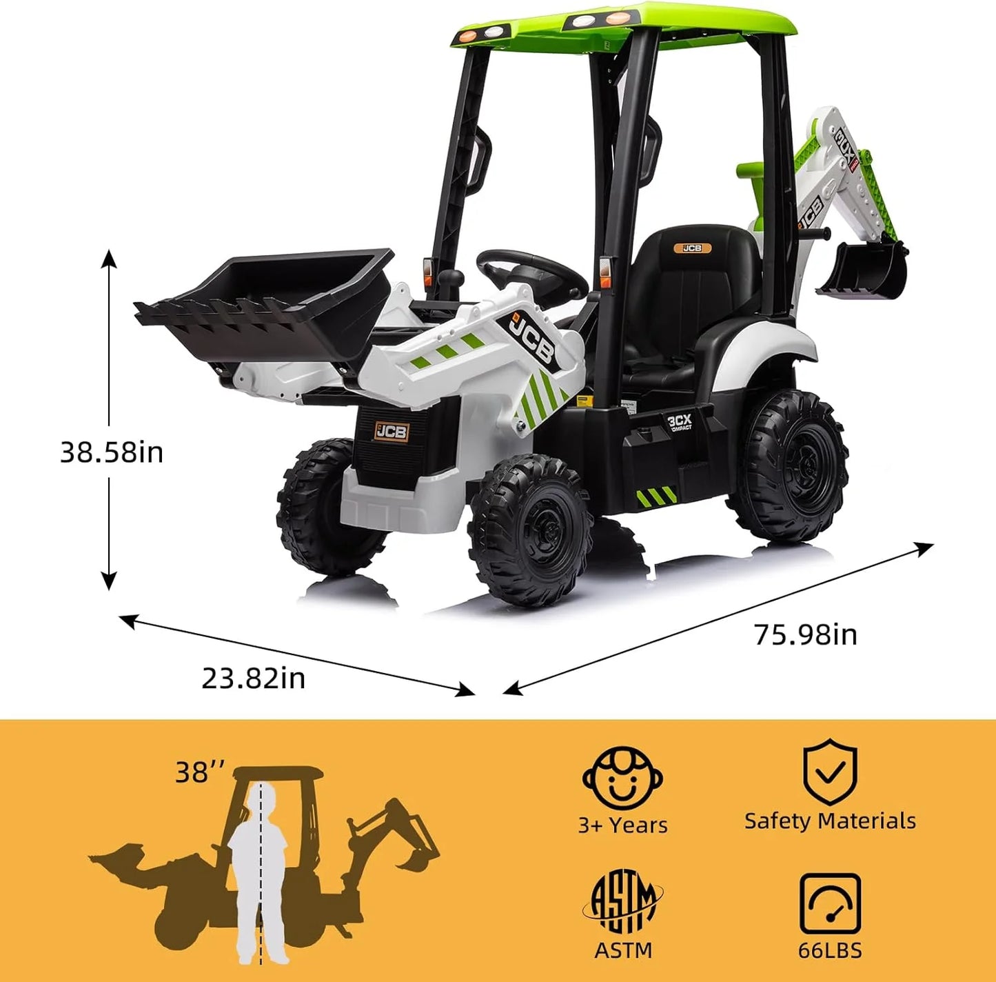 12V JCB Ride On Excavator, Ride on Toys for Kids 4-8, Electric Car for Kids with Tractor, Bulldozer, Digging Arm, Backhoe Toy Car with Slow Start/Stop, Adjustable Speeds