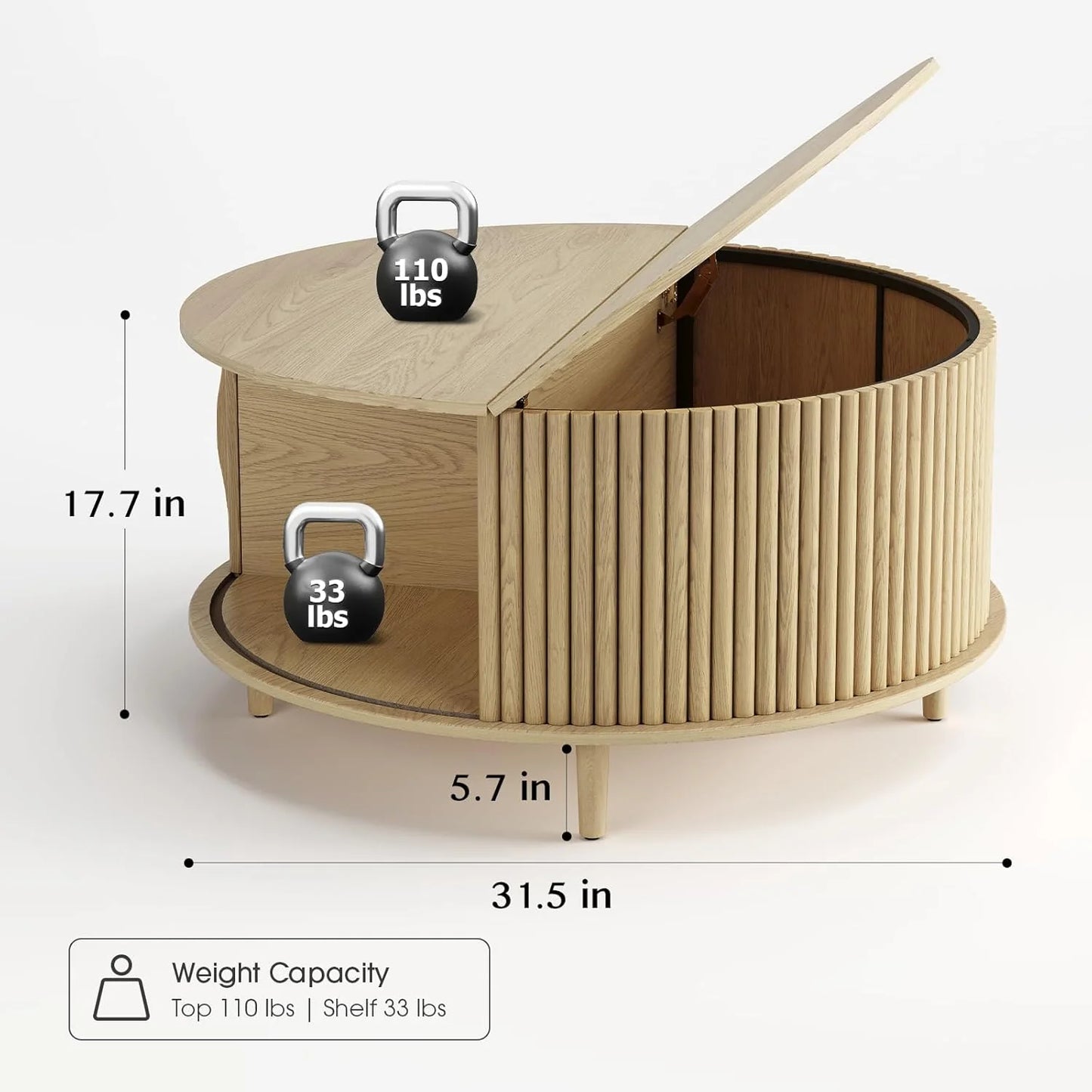 Round Coffee Table with Storage,Fluted Center Table with Sliding Cabinet Door for Living Room,Home Small Space,31.5" Small Center Table,Walnut
