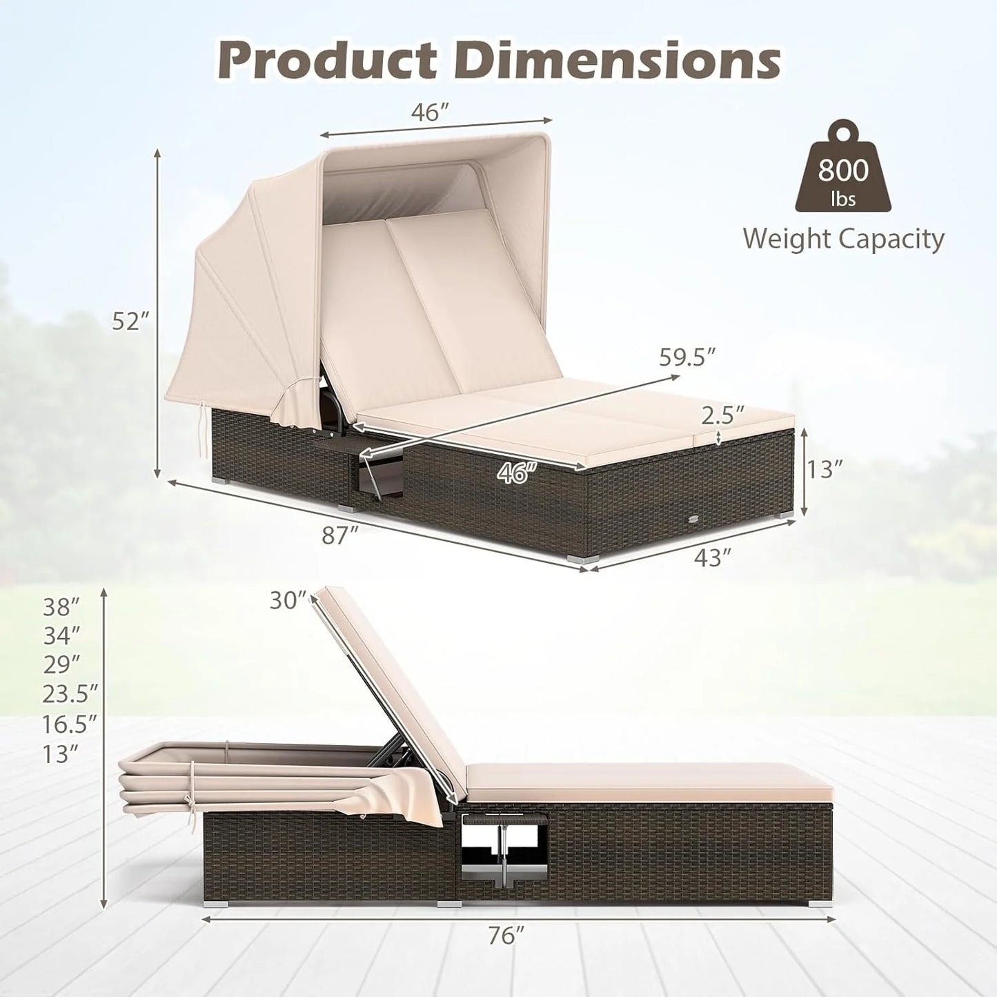 RELAX4LIFE Outdoor Daybed with Retractable Canopy - Wicker Double Chaise Lounge w/6-Position Backrest, 2 Folding Side Trays & Cushions, 2-Seater Loveseat Sunbed for Backyard, Rattan Patio Bed Lounger