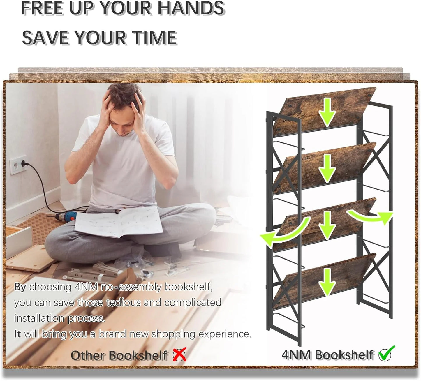 5 Tiers No Assembly Book Shelves 51.2" H Folding Bookshelf Bookcase