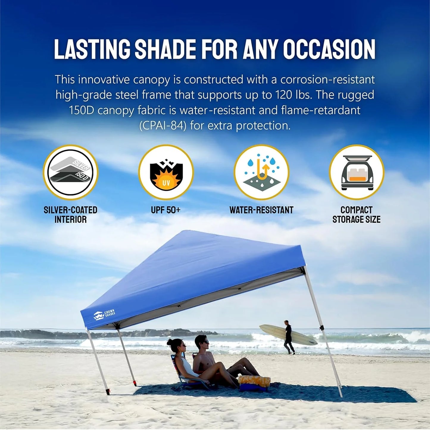 10x10 Pop-Up Awning - One-Click Installation Beach Tent - Outdoor Sunshade Silver Coated Top, 3 Heights and 4 Sand Pockets