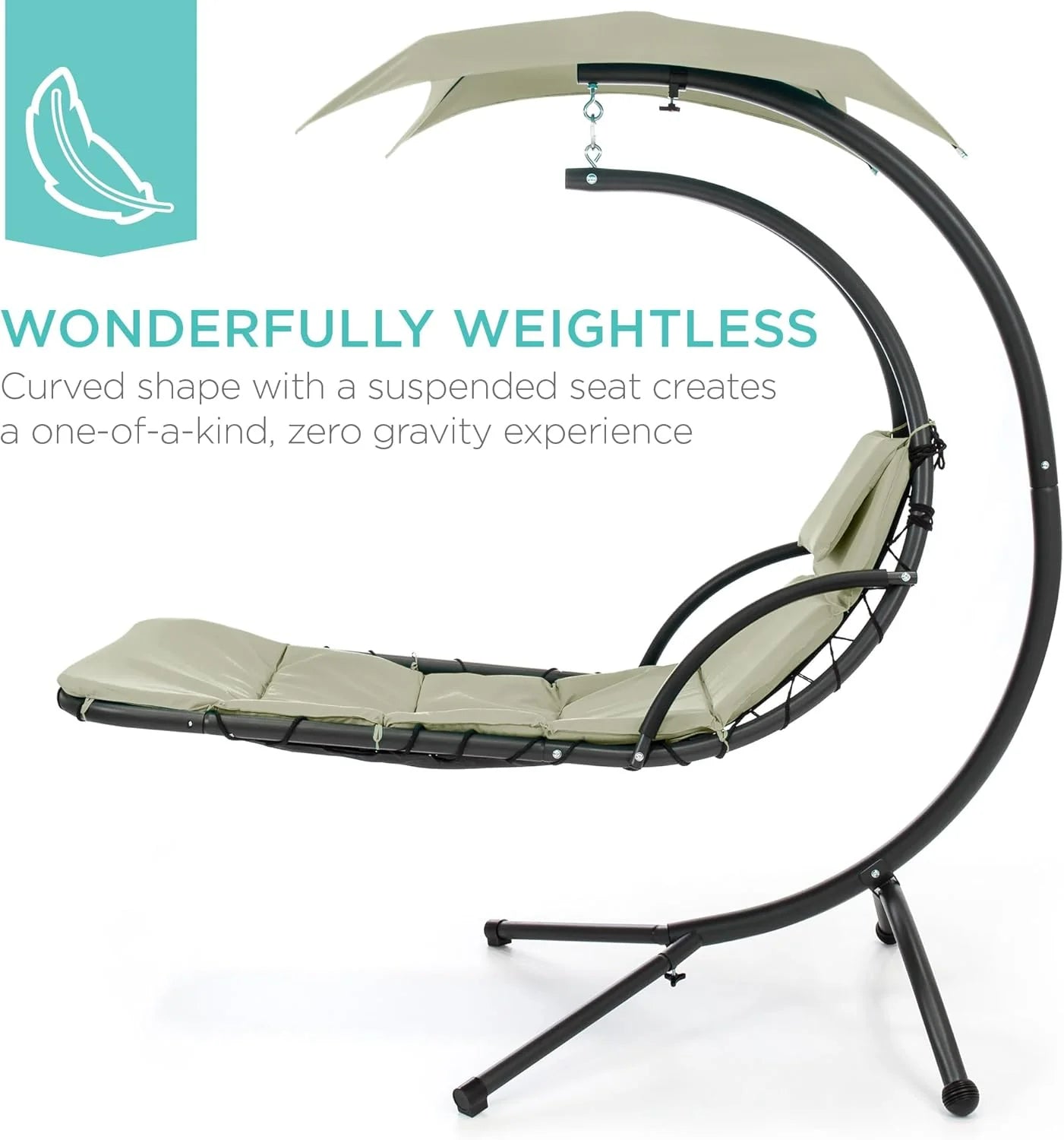 Best Choice Products Outdoor Hanging Curved Steel Chaise Lounge Chair Swing w/Built-in Pillow and Removable Canopy - Teal