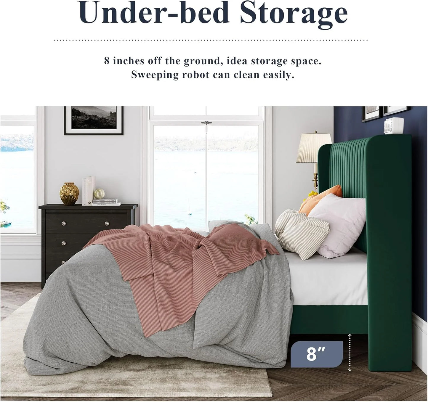 Allewie Full Size Velvet Bed Frame/Vertical Channel Tufted Wingback Headboard/Upholstered Platform Bed/Strong Wooden Slats/No Box Spring Needed/Easy Assembly/White