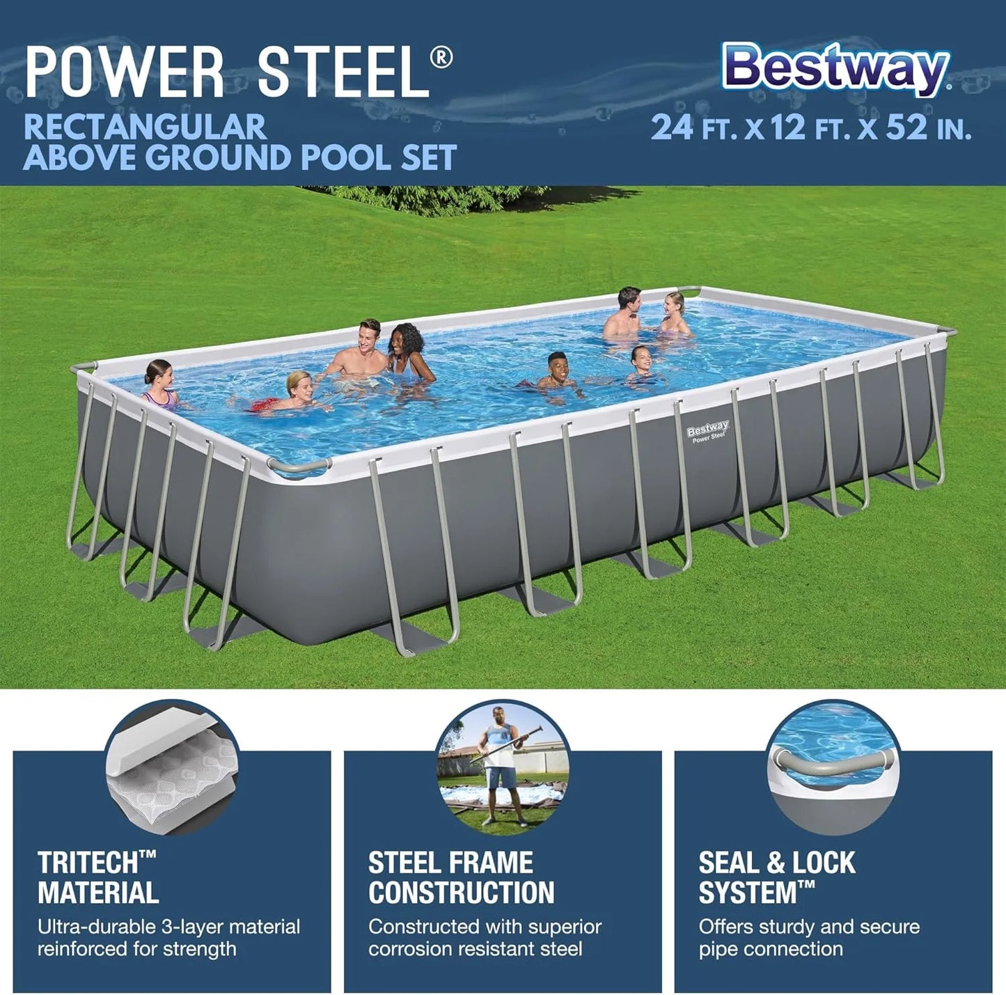 Power Steel 14' x 8'2" x 39.5" Oval Above Ground Pool Set | Includes 530gal Filter Pump, Ladder, ChemConnect Dispener