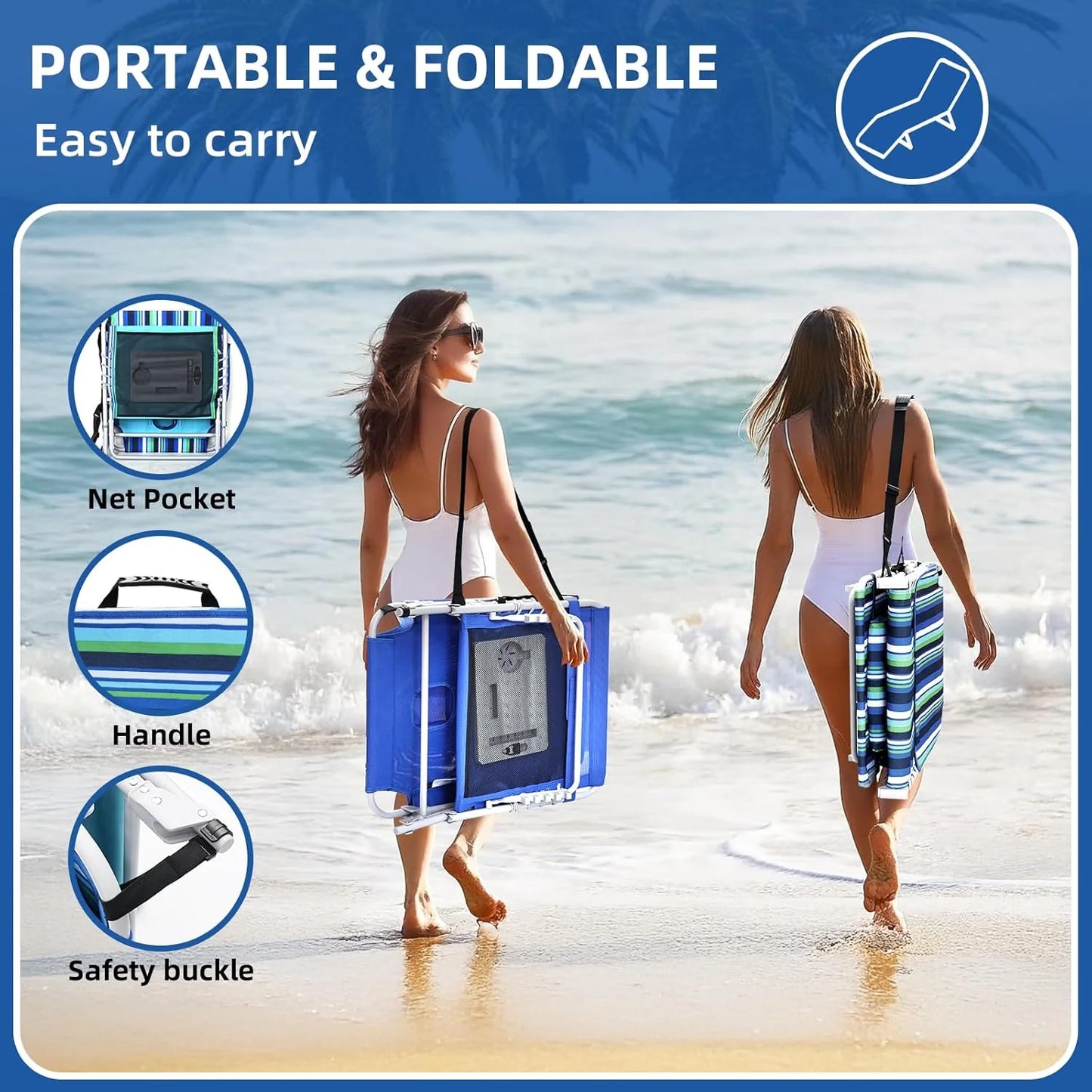 3-in-1 Beach Chair Face Holes Lounge Chair Outdoor with Folding Side Table 5-Position Recliner, Lay Flat Removable Pillow Heavy Duty, Max 330lbs, Poolside, Patio, Camping Backyard Striped Blue