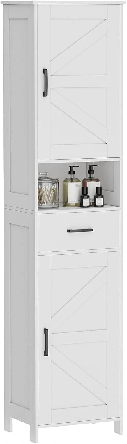 Homhedy 67" H Tall Bathroom Storage Cabinet with 2 Barn Doors and 1 Drawer, Narrow Storage Unit, Adjustable Shelves, Floor Cabinet for Bathroom, Living Room, Entryway, Kitchen, White, (15.7" W)