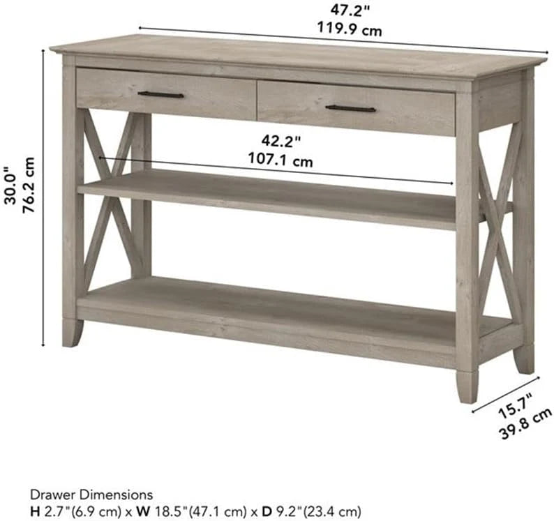Key West Console Table with Drawers and Shelves in Linen White Oak