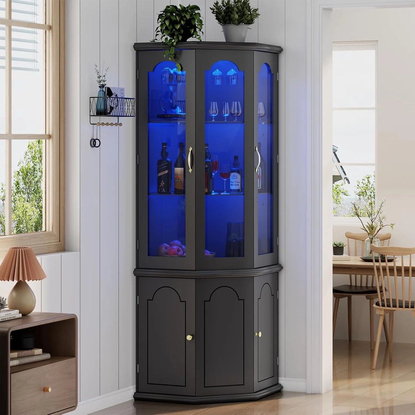 Corner wine cabinet with LED lights, tall modern wine cabinet, home bar wine storage cabinet