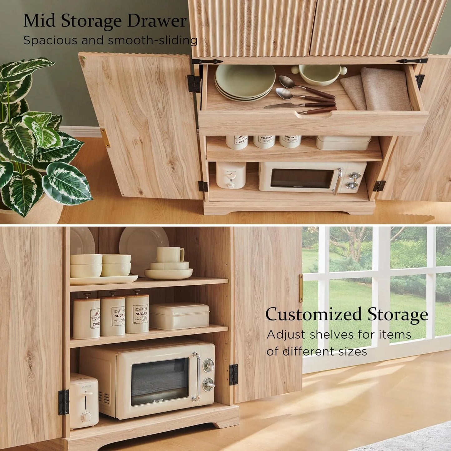 Fluted Pantry Cabinet, 72" Tall Modern Storage Cabinet with 4 Doors, Organizer, Drawer and Adjustable Shelves, Wood Cupboard