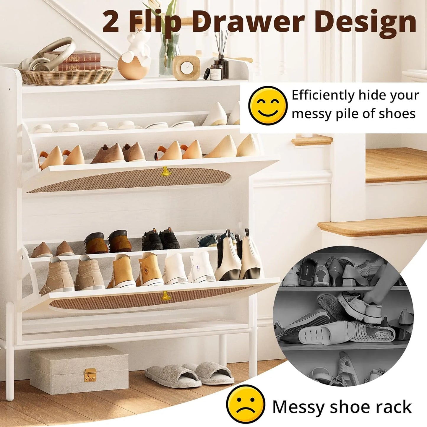 IRONCK Shoe Cabinet Storage with 2 Flip Drawers, Free Standing Wooden Shoe Storage Organizer Cabinet with Rattan Doors for Entryway, Narrow Shoe Rack Cabinet, Oak