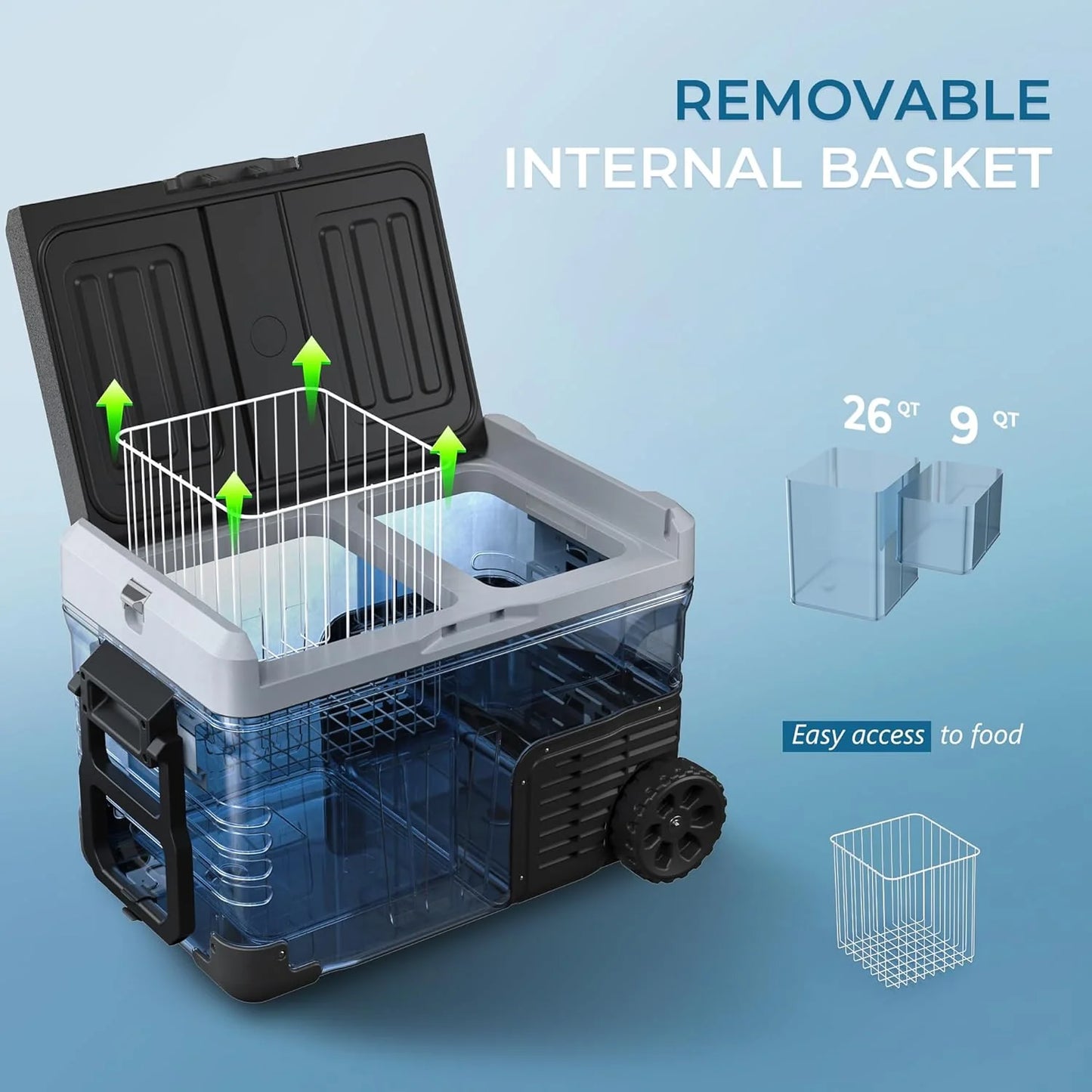 EUHOMY 12 Volt Refrigerator, 53QT(50L) Electric Cooler, Portable Freezer 12V/24V DC 110-240V AC, 12V Fridge -4℉~68℉, 12V Cooler with Wheels & 2 Baskets for Travel, Truck, Boat, Camping