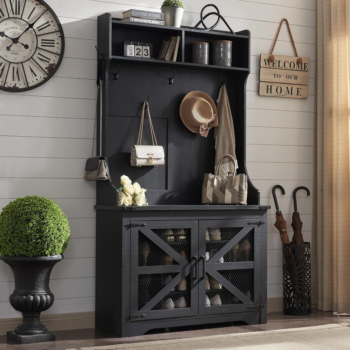 JXQTLINGMU 59-inch Farmhouse Foyer Tree with Shoe Storage, Entryway Bench Foyer Coat Rack Cabinet