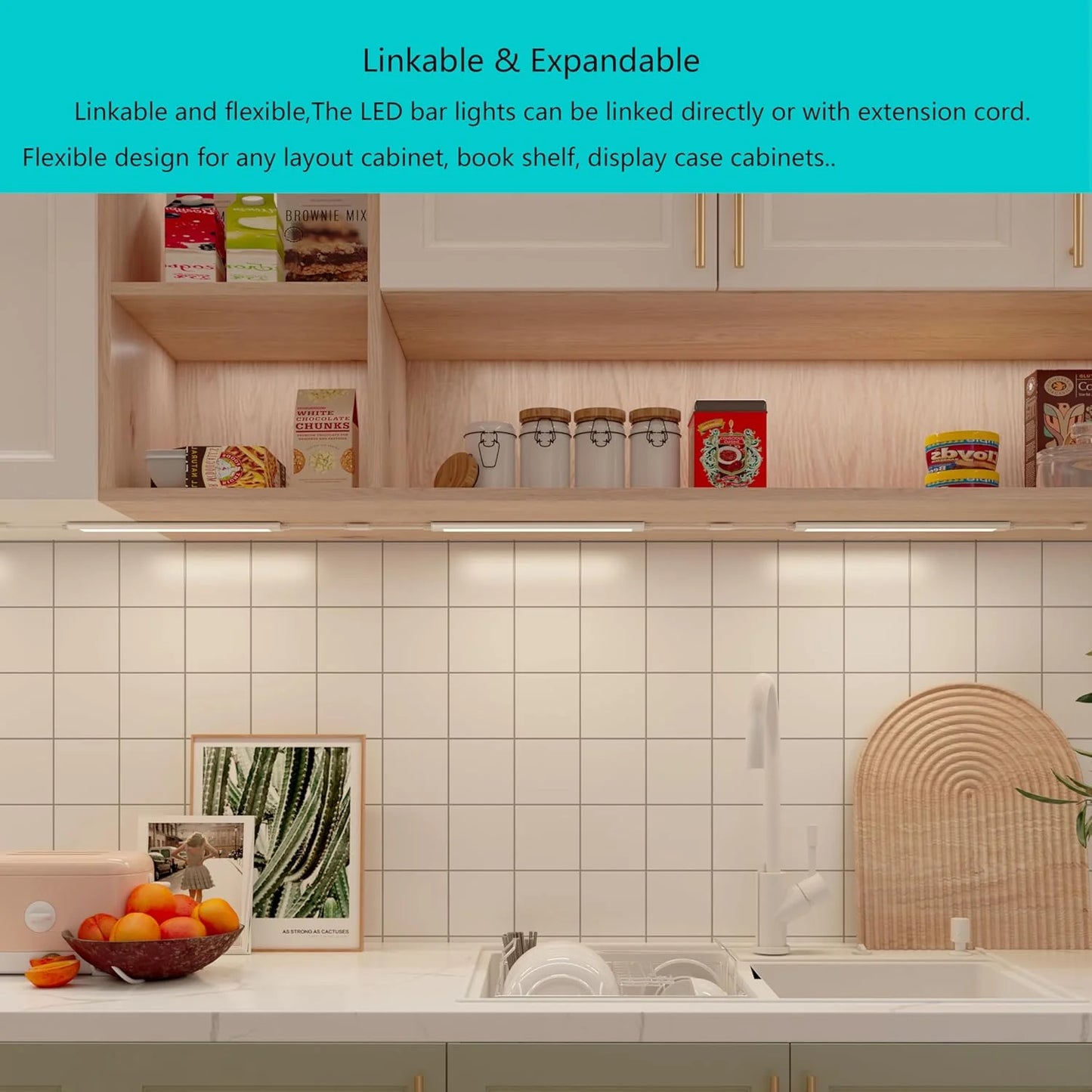 Smart under-cabinet lighting strip, white and color-changing dimmable