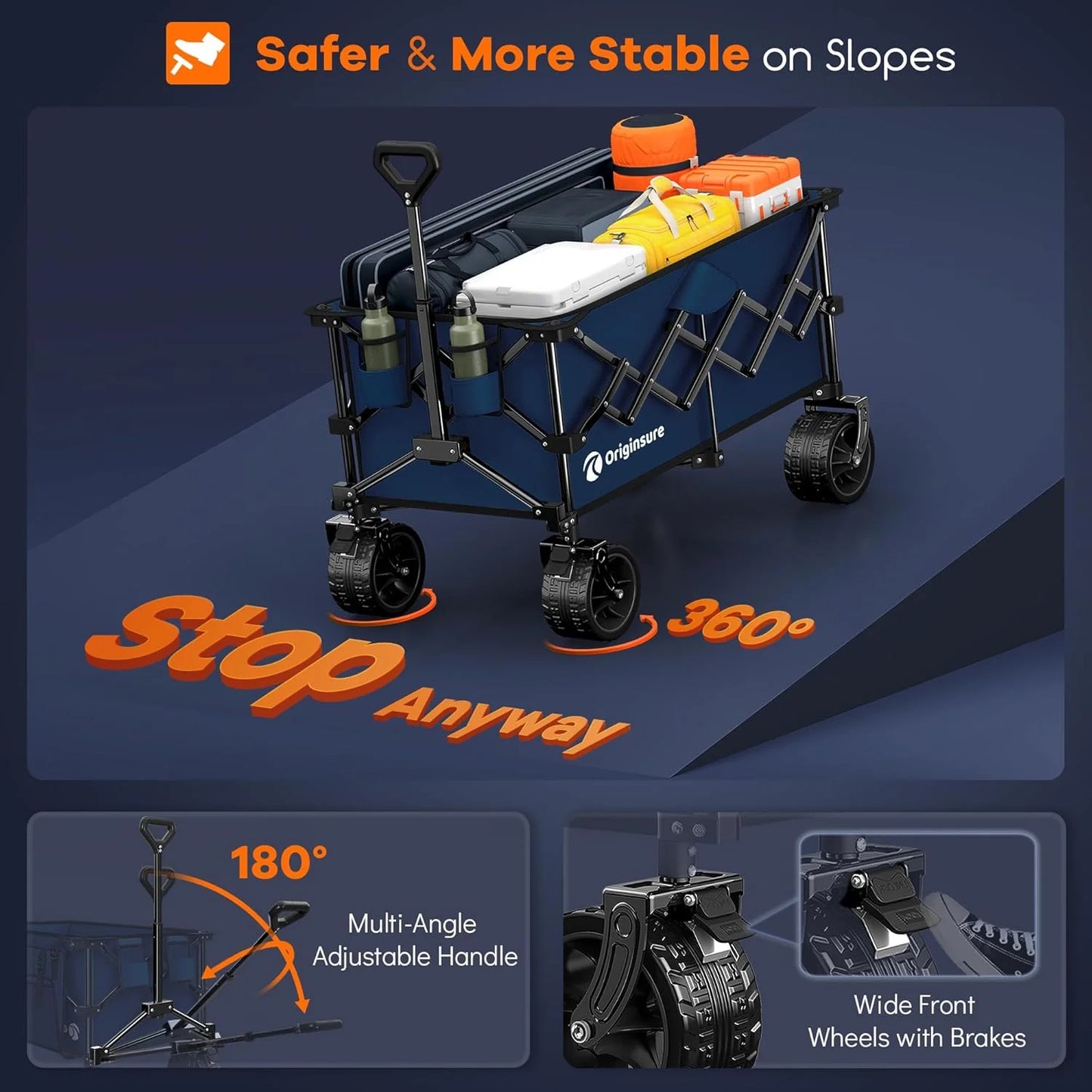 38" long foldable four-wheel stroller, foldable, 460 lb capacity, 220 liter heavy-duty folding beach stroller with large all-terrain tires