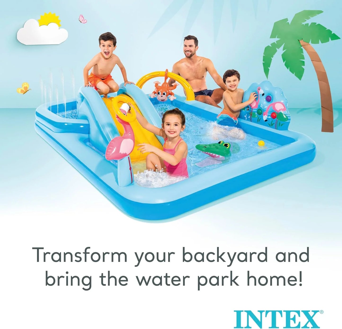 Intex 96" x 78" x 28" Inflatable Jungle Adventure Play Center Spray Kiddie Pool - Backyard Kids Water Slide, Outdoor Blow-Up Splash Pad for Toddlers