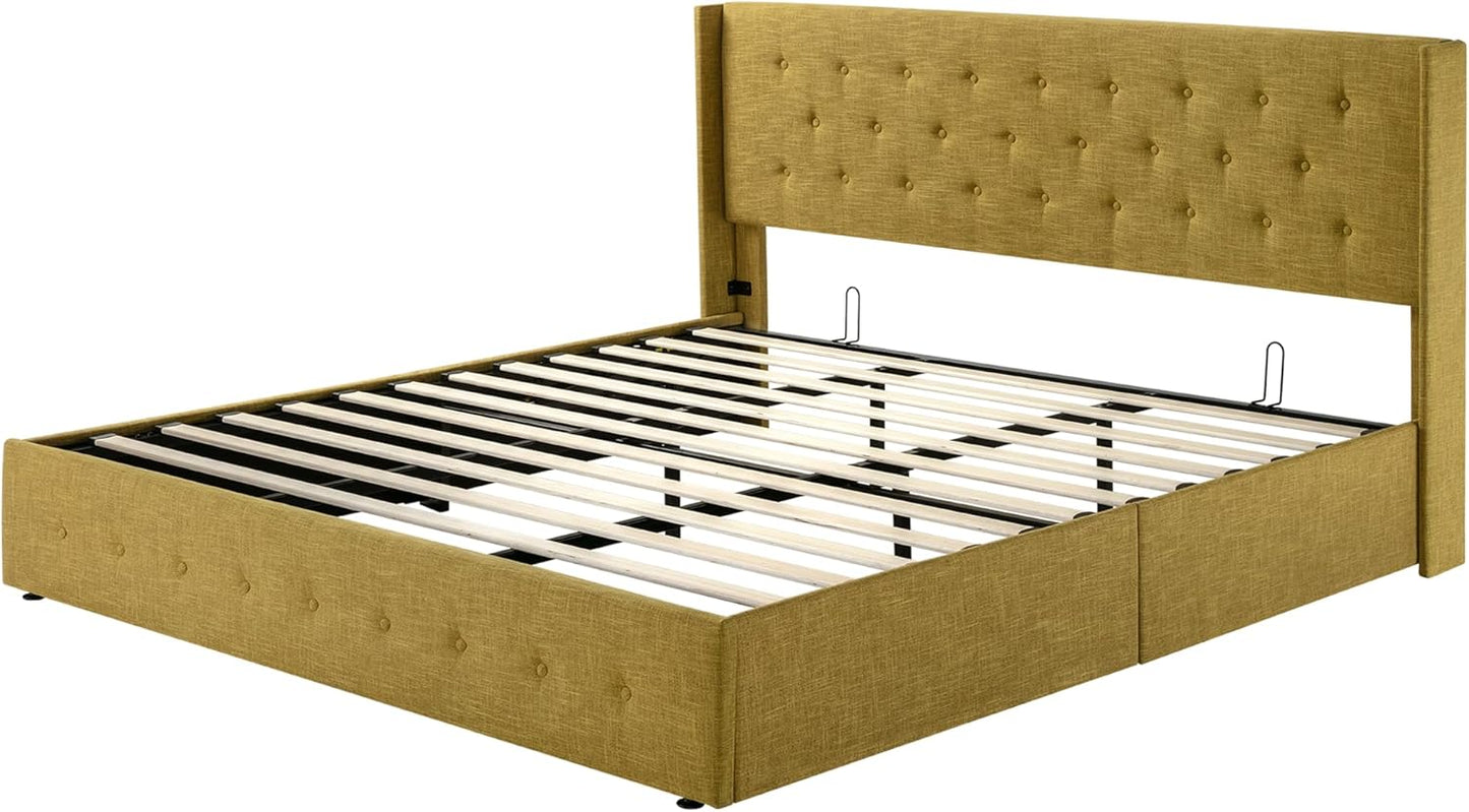Allewie Queen Size Lift Up Storage Bed, Modern Wingback Headboard, Hydraulic Support, No Box Spring Needed, Light Beige