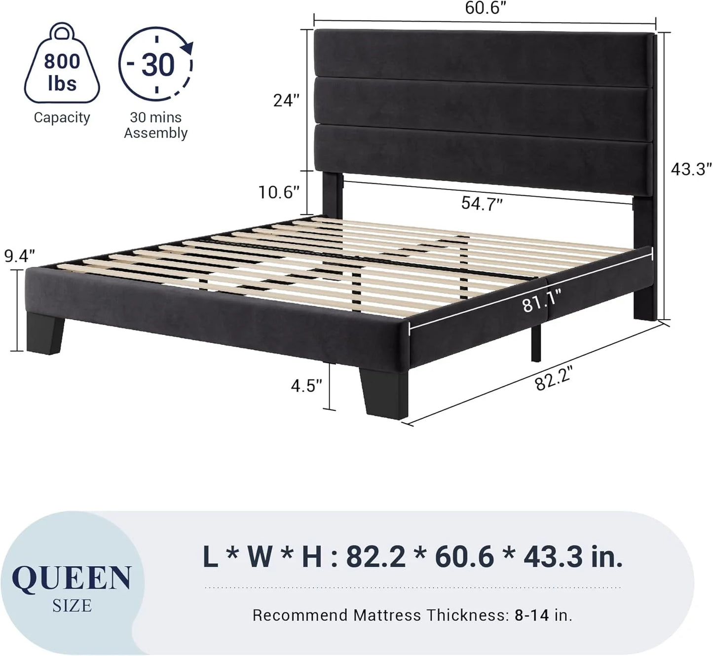 Allewie Queen Size Platform Bed Frame with Fabric Upholstered Headboard and Wooden Slats Support, Fully Upholstered Mattress Foundation/No Box Spring Needed