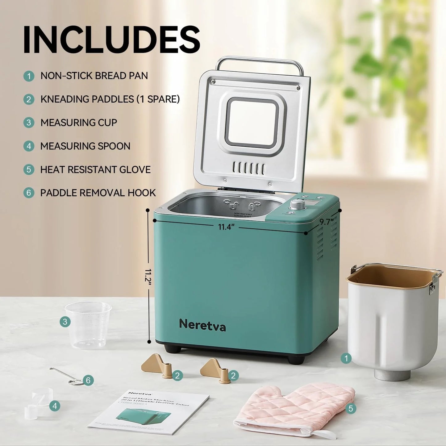 Neretva Bread Maker, 20-in-1 2LB Bread Maker Dual Heater Bread Maker Automatic with Non-Stick Ceramic Pan