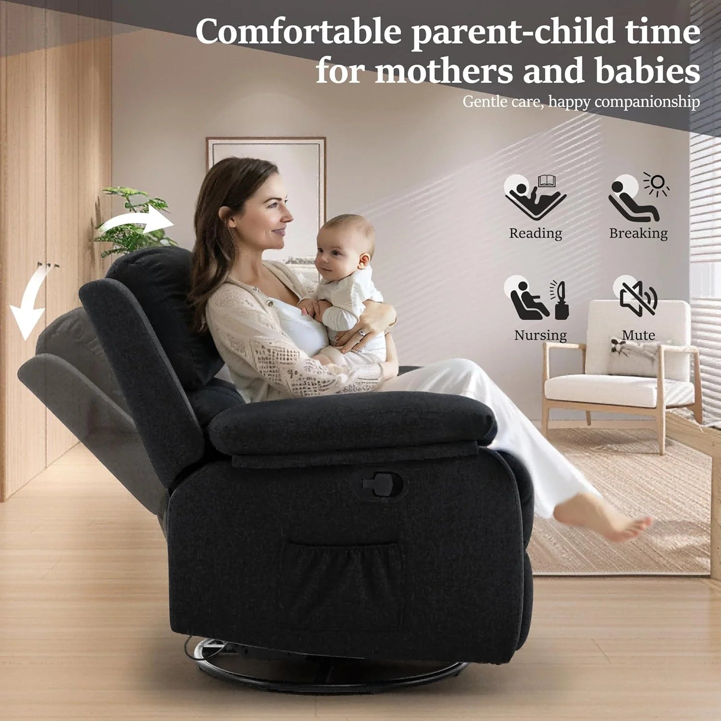 Reclining rocking chair 360 degree rotating fabric sliding reclining chair