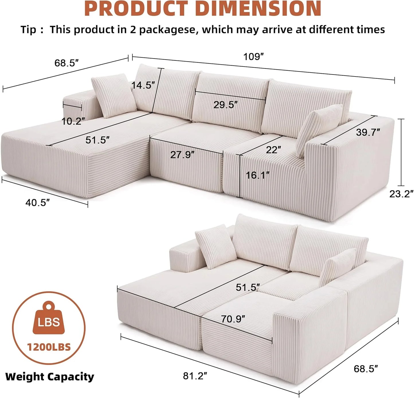 108-inch modular sofa, cloud modular sofa, with deep seat and reclining chair, upholstered sofa