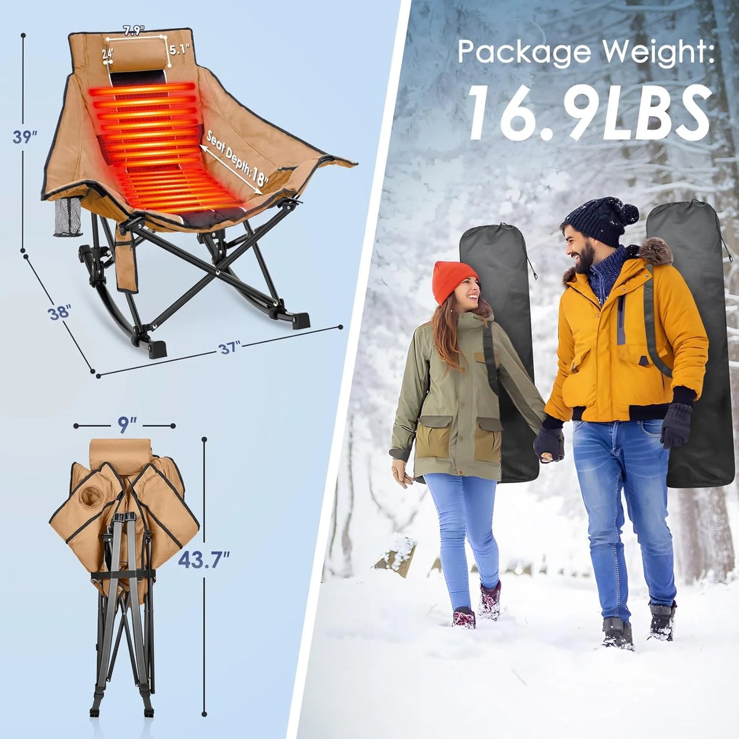 Heated Camping Chair, Extra Large Heated Chair Outdoor Sports Chair with 3 Heat Levels on Back and Seat, Portable Folding Heated Outdoor Chair (Batteries Not Included)
