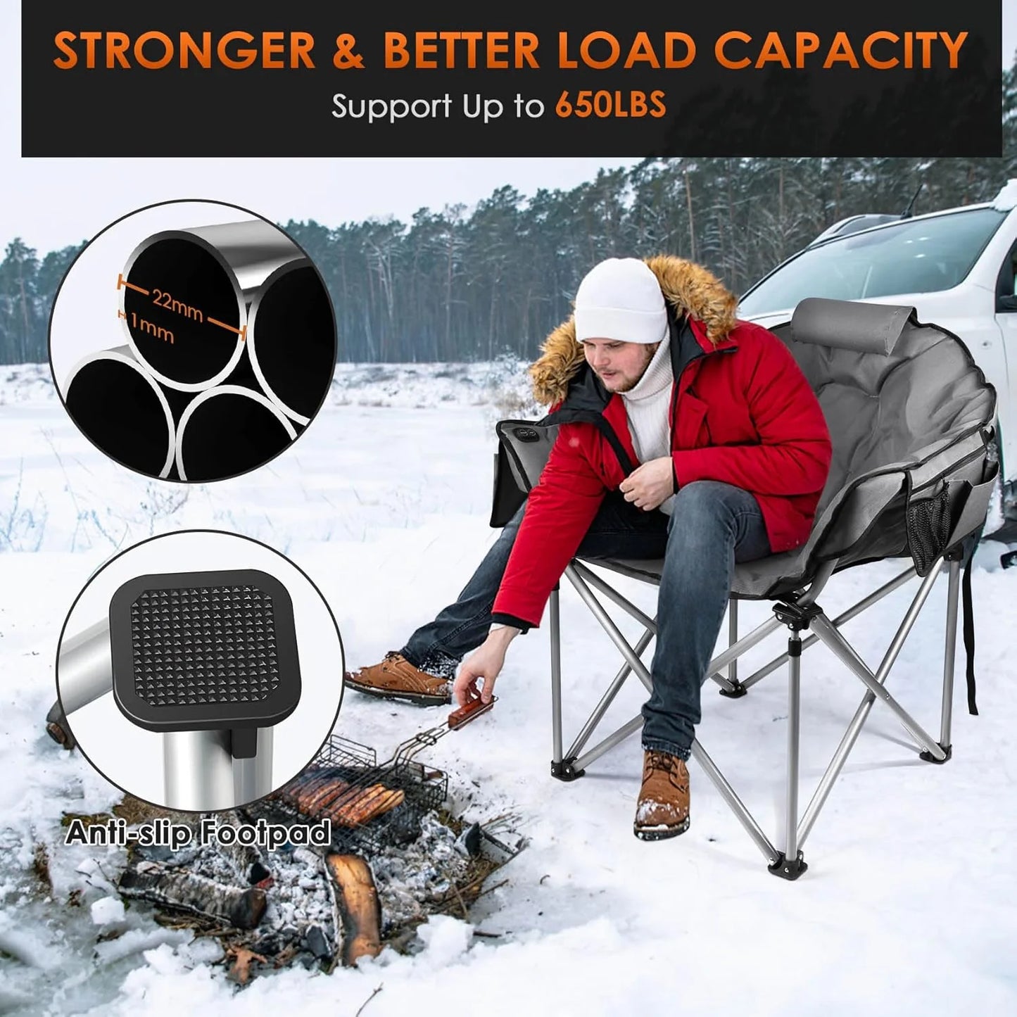 Heated Camping Chair, Extra Large Heated Chair Outdoor Sports Chair with 3 Heat Levels on Back and Seat, Portable Folding Heated Outdoor Chair (Batteries Not Included)