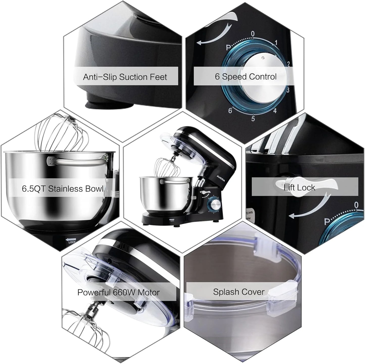 Aucma Stand Mixer,6.5-QT 660W 6-Speed Tilt-Head Food Mixer, Kitchen Electric Mixer with Dough Hook