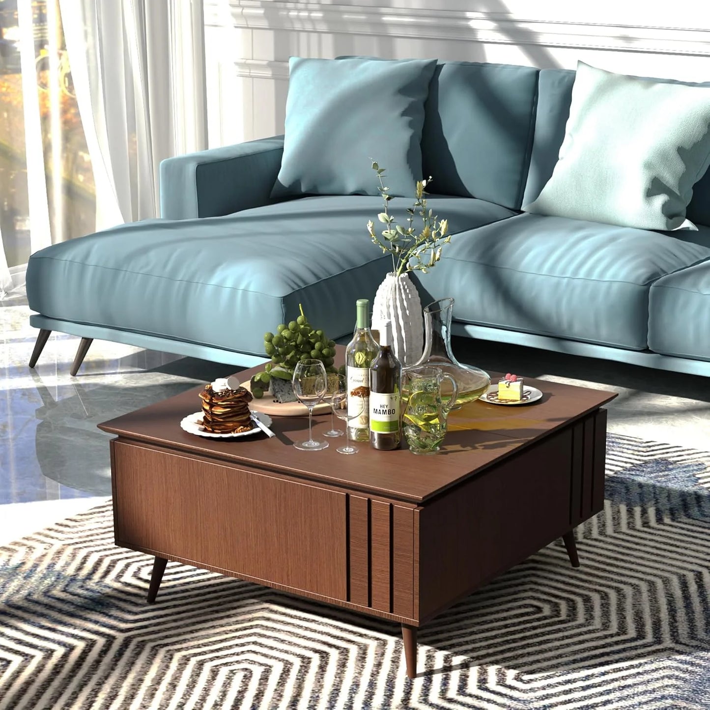 Round Coffee Table with Storage,Fluted Center Table with Sliding Cabinet Door for Living Room,Home Small Space,31.5" Small Center Table,Walnut